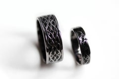 Viking Pattern Black Enamel Textured wedding rings set