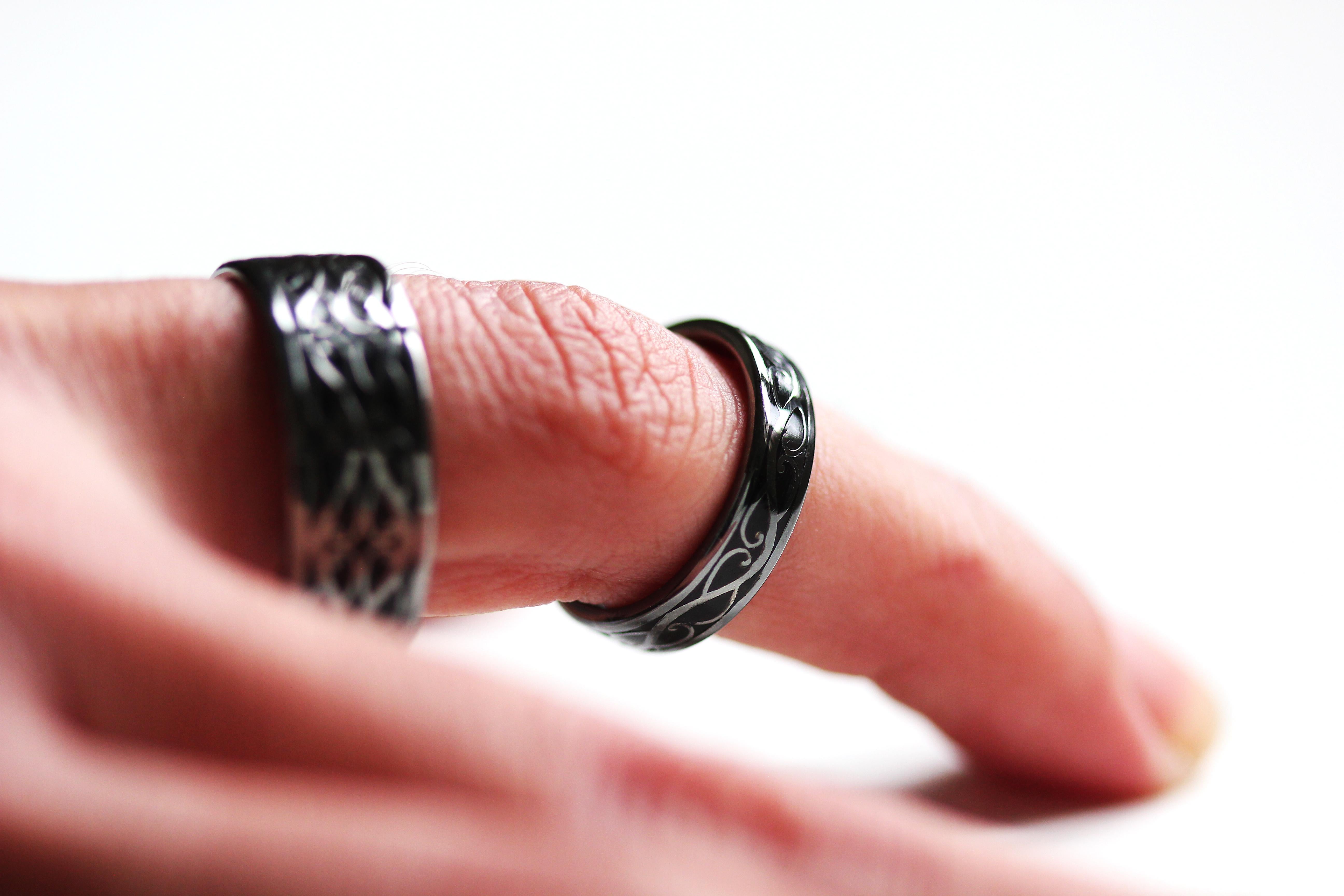 For Sale:  Viking Pattern Black Enamel Textured wedding rings set  3