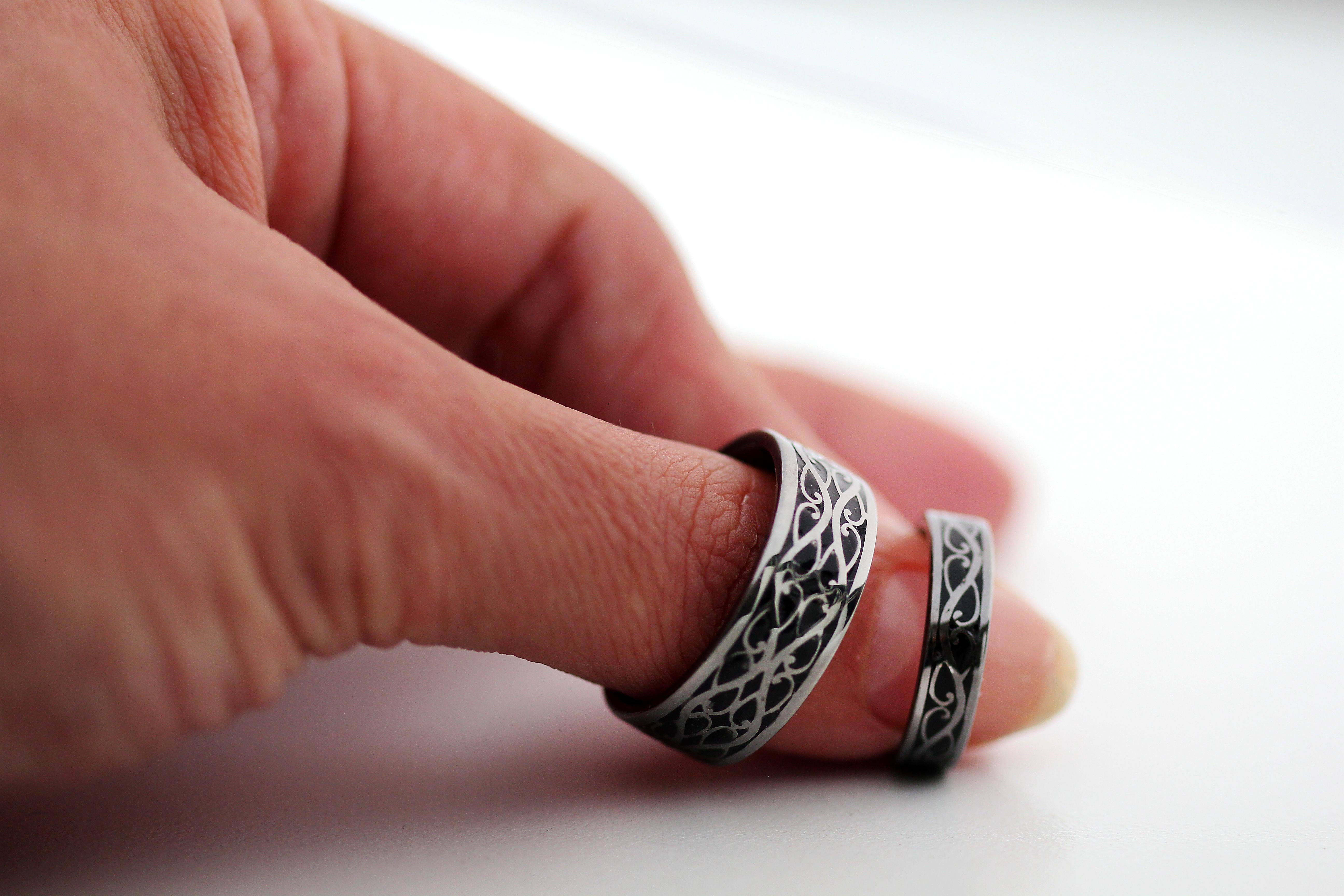 For Sale:  Viking Pattern Black Enamel Textured wedding rings set  5