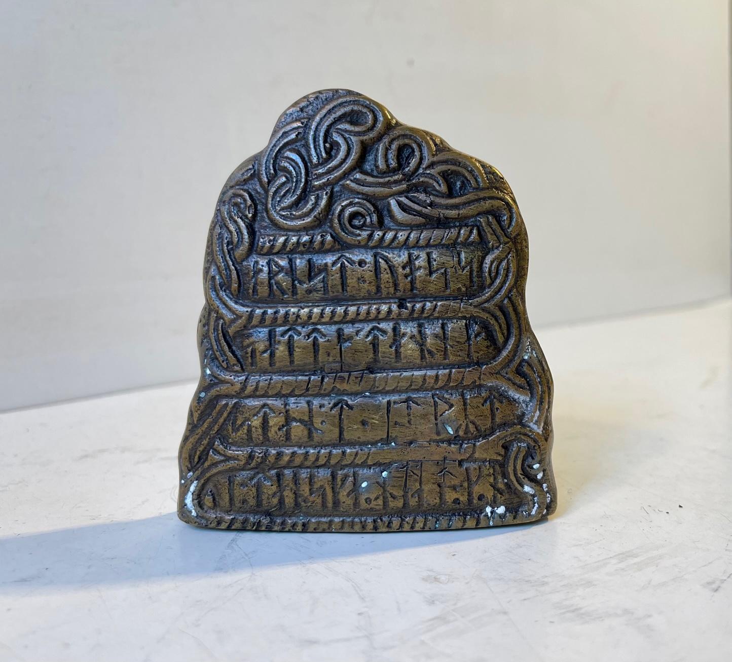 Detailed model in bronze depicting what we believe is the famous Jellingestenen/Jellinge Stone in Denmark. It is executed in cast bronze and can be displayed decoratively or used as a paperweight. It is sculpted around plaster hence a few spots here