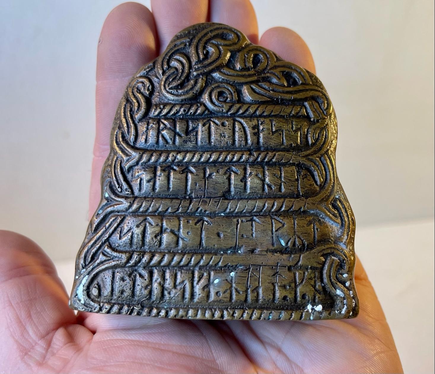 Mid-Century Modern Viking Rune Stone Paperweight in Bronze, Scandinavia, 1950s For Sale