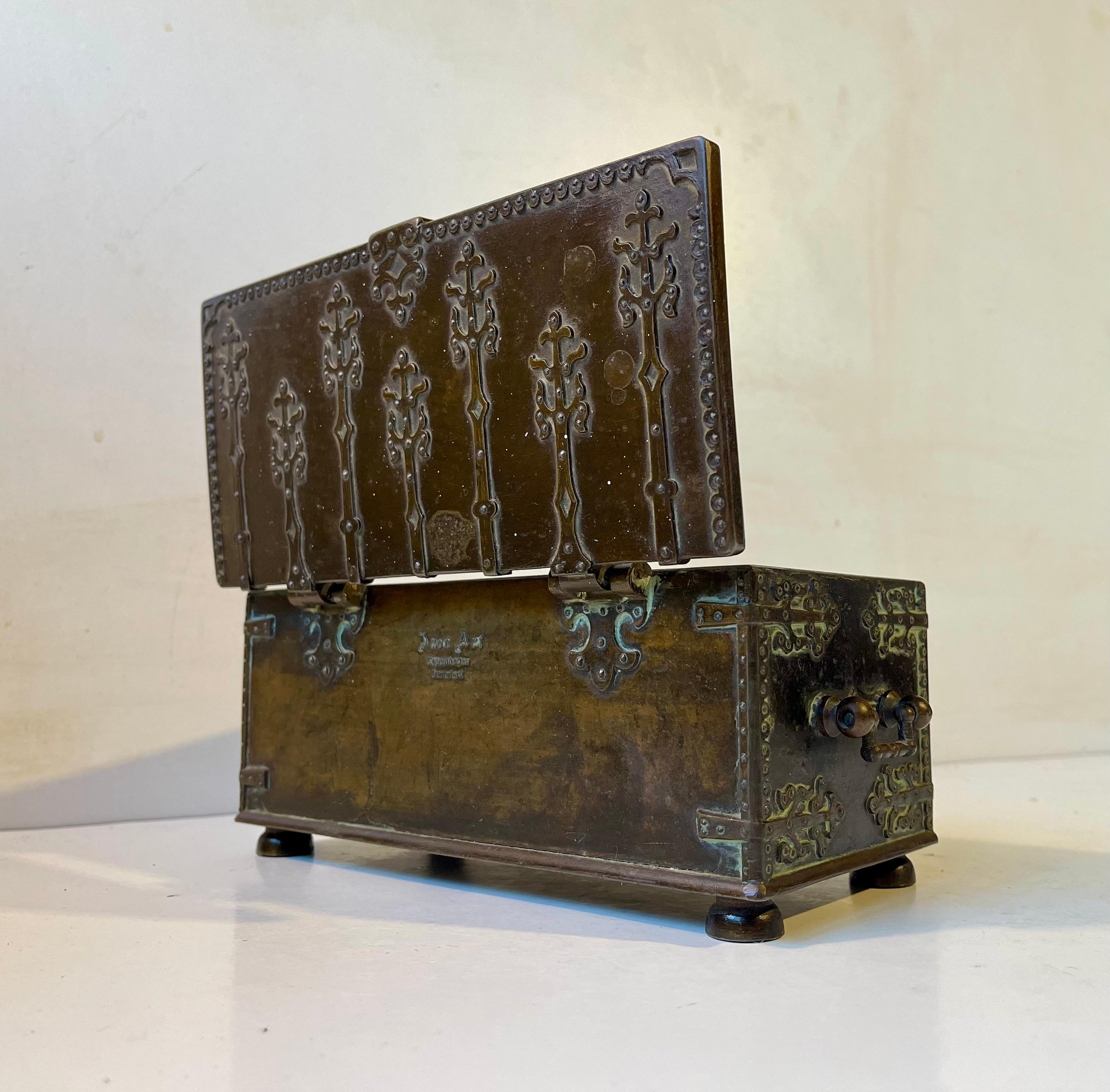 Vintage Danish Bronze Casket Box by Edward Aagaard w/ Thyra Dannebod. This Box was made by renowned Danish artist Edward Aagaard who was active in the mid 1900s. He specialized in artwork and design inspired by the Viking era and early Danish