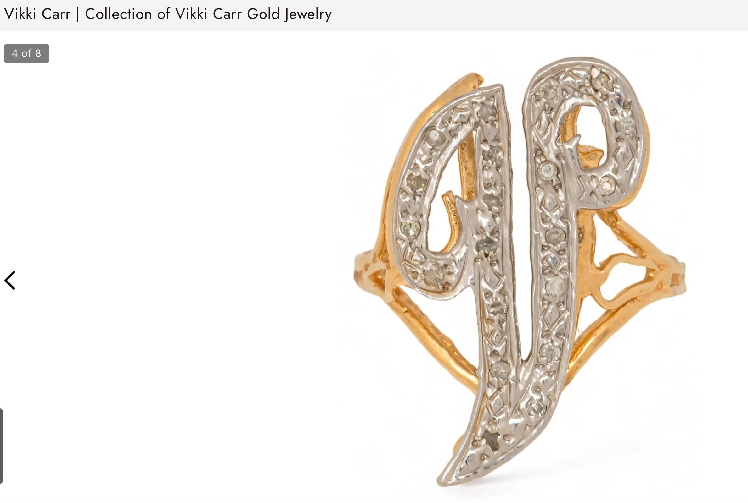 Vikki Carr Estate V Initial Diamond Ring 14 Karat Gold Certificate Authenticity For Sale 13