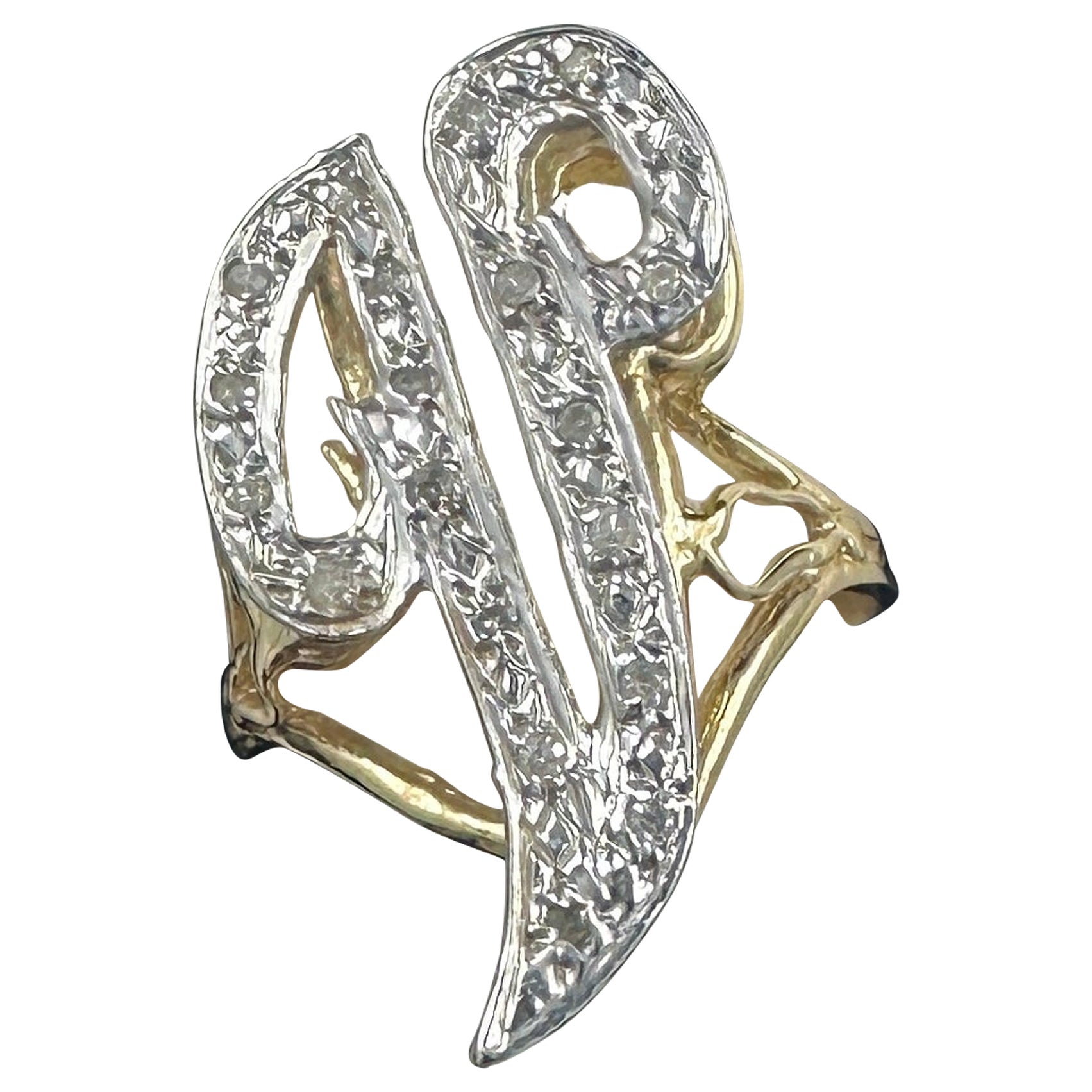 Vikki Carr Estate V Initial Diamond Ring 14 Karat Gold Certificate Authenticity For Sale