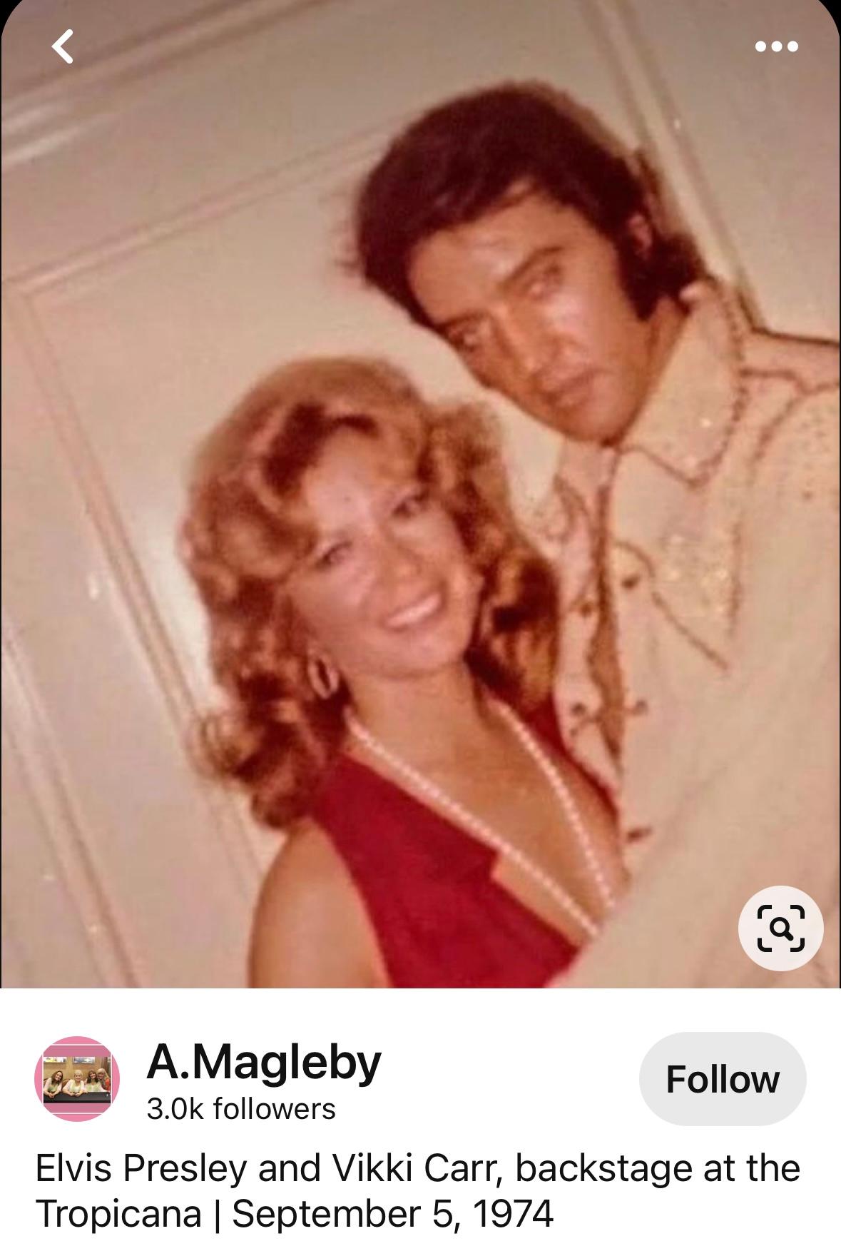 Indulge in the 9 foot long Pearl Necklace worn by Vikki Carr with Elvis Presley at the Tropicana Hotel in Las Vegas in 1974, along with photos of Vikki wearing the necklace with Elvis.  Elvis Presley was very fond of Vikki and remarked on stage in