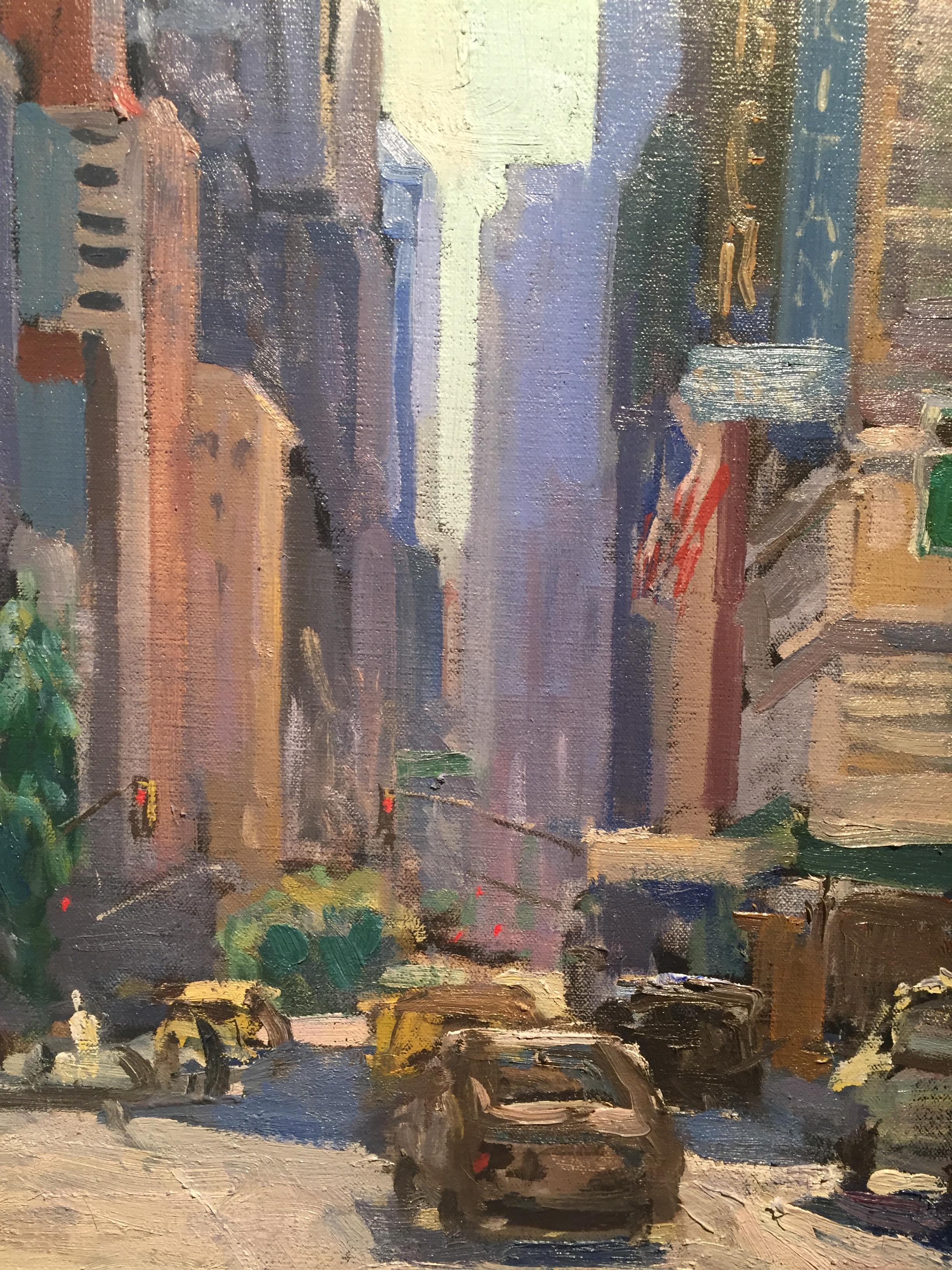 Painted en plein air in New York City. Skyscrapers and buildings create a geometric composition, reflecting and cascading light and shadows onto the ground below. Cars drive along the busy street, outlined with figures. 

Framed dimensions: 40 x 48