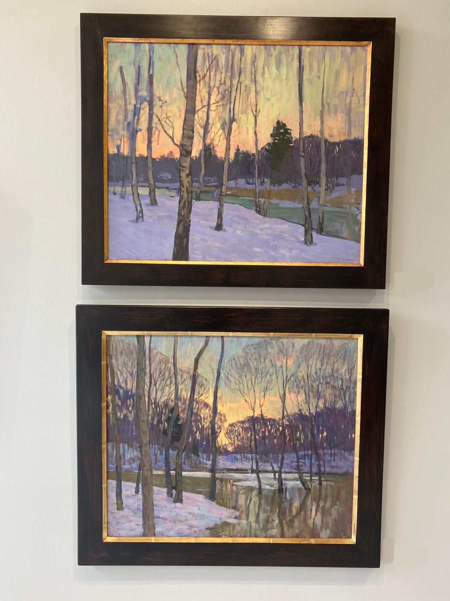 An impressionist painting of trees silhouetted against a bright sunset, trees growing out of a pond flooded with snow melt and a hill rising up against the horizon. As the name implies, the cool alizarin underpainting peeks through thicker
