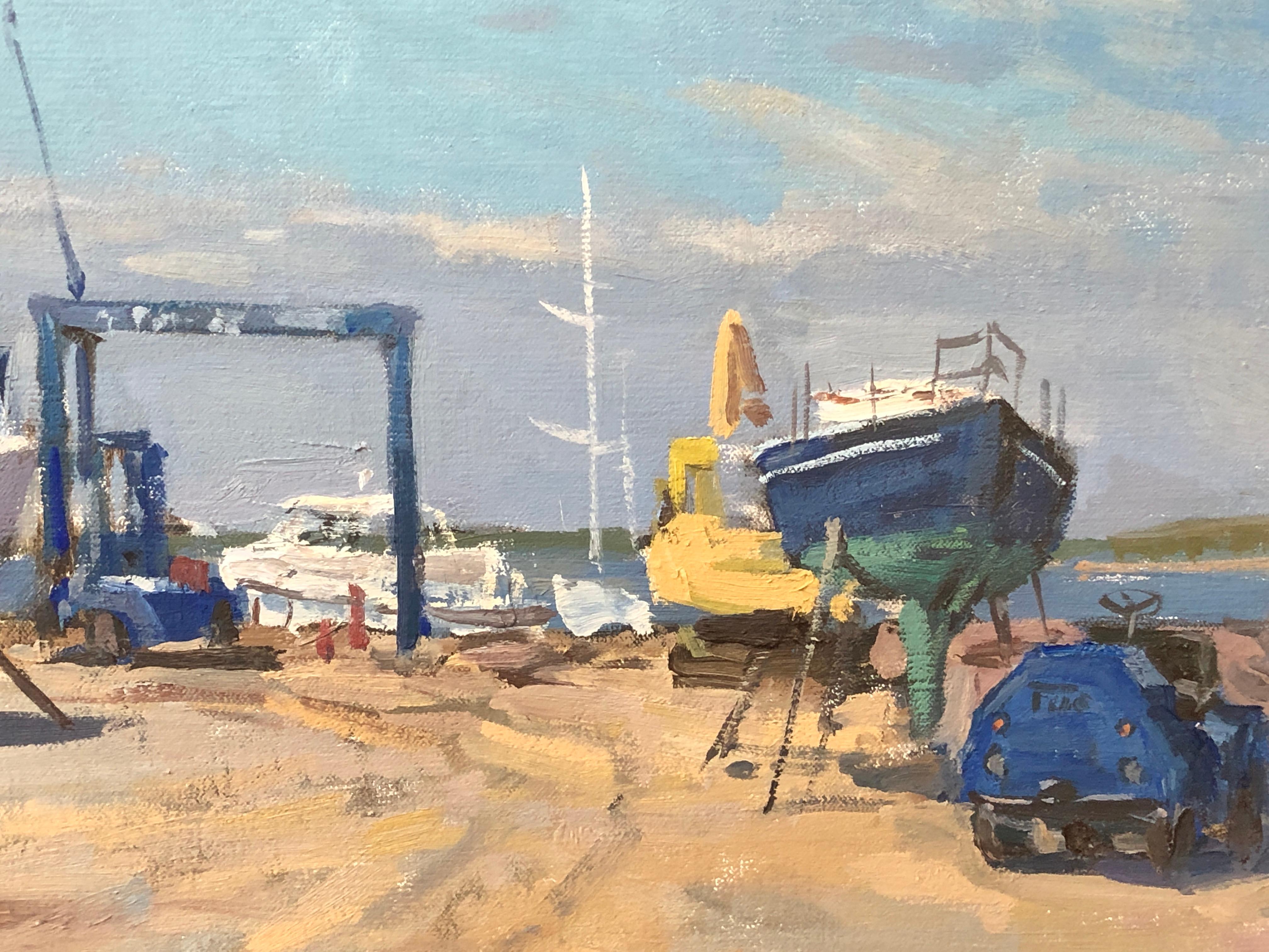 Painted en plein air in Sag Harbor, New York. This contemporary oil painting depicts sailboats at rest, tucked away during early spring at the yacht yard on Bay Street. Vast blue skies above, and trails of movement tracked in the dirt below.

Victor