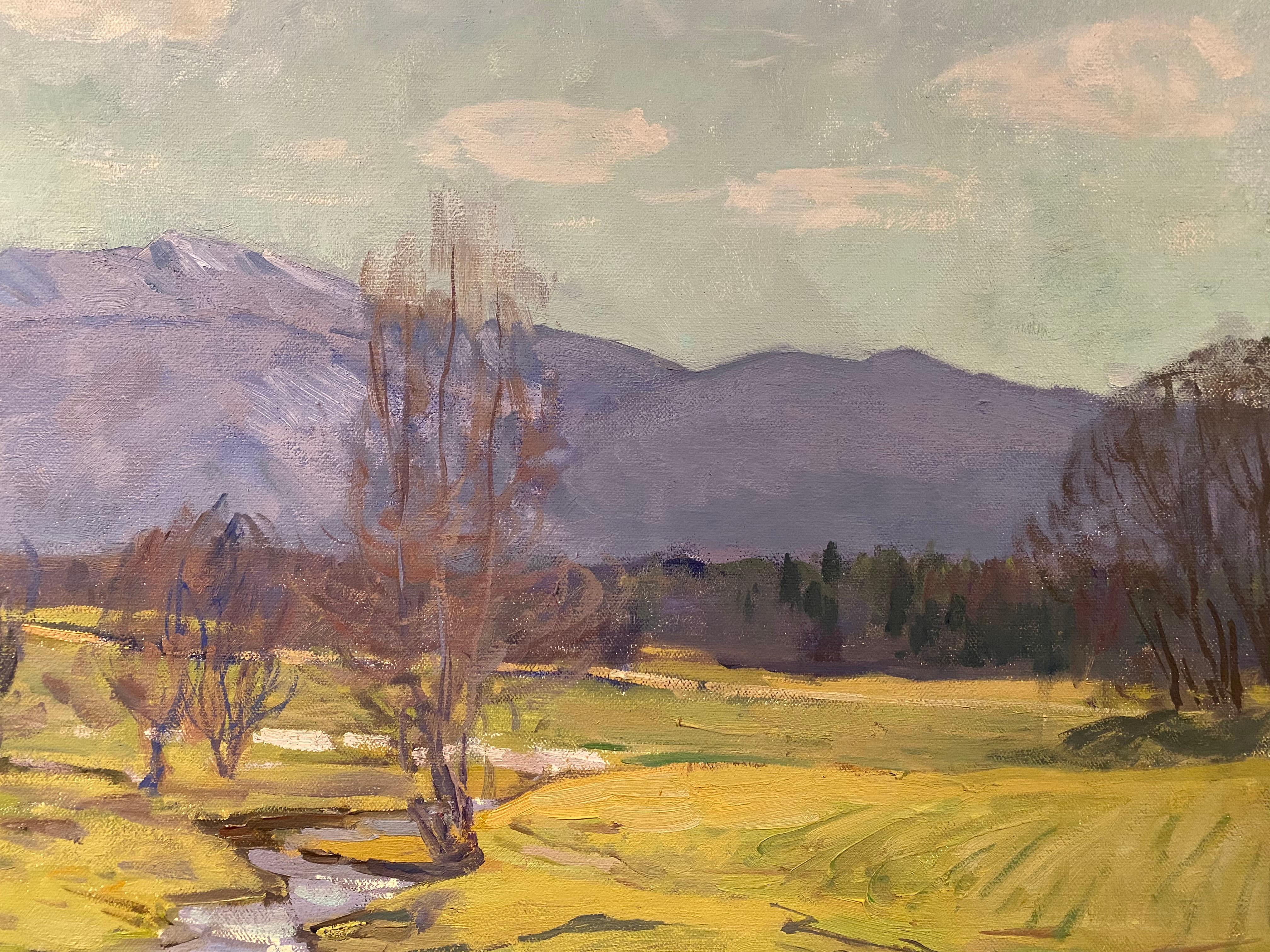 Framed dimensions: 48 x 48 inches

Painted en plein air, in Jeffersonville, Vermont. A bright, early spring, landscape. The foreground encapsulates the wide mouth of the shallow creek that winds toward the distant horizon. A few barns reside within