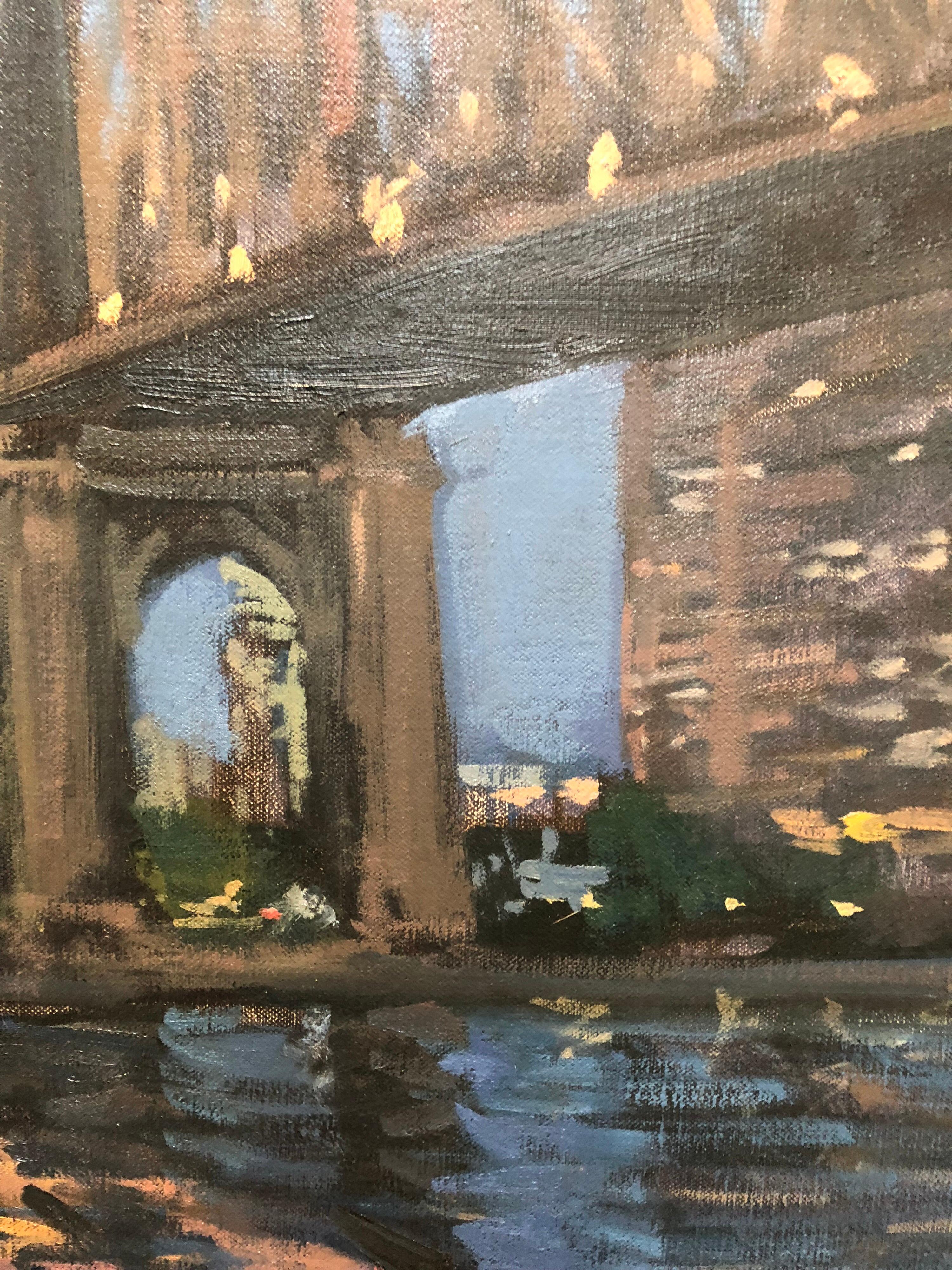 Brooklyn Bridge - Gray Landscape Painting by Viktor Butko
