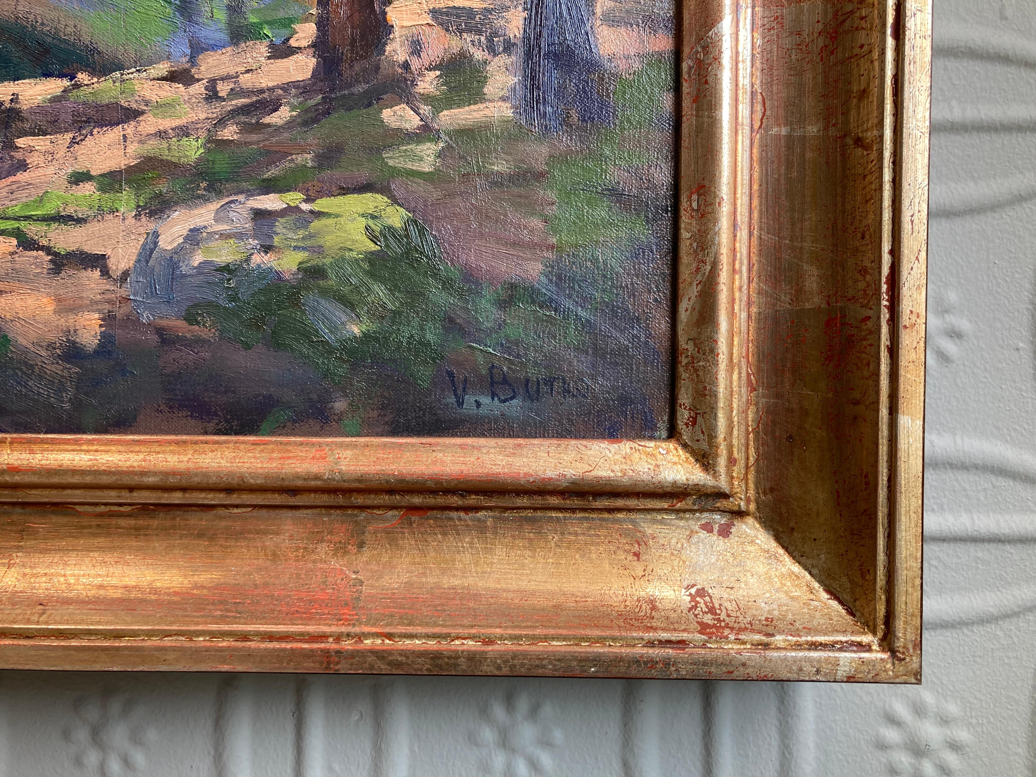 Cabin on the Creek - 2023, peinture à l'huile impressionniste en plein air dans les bois en vente 6