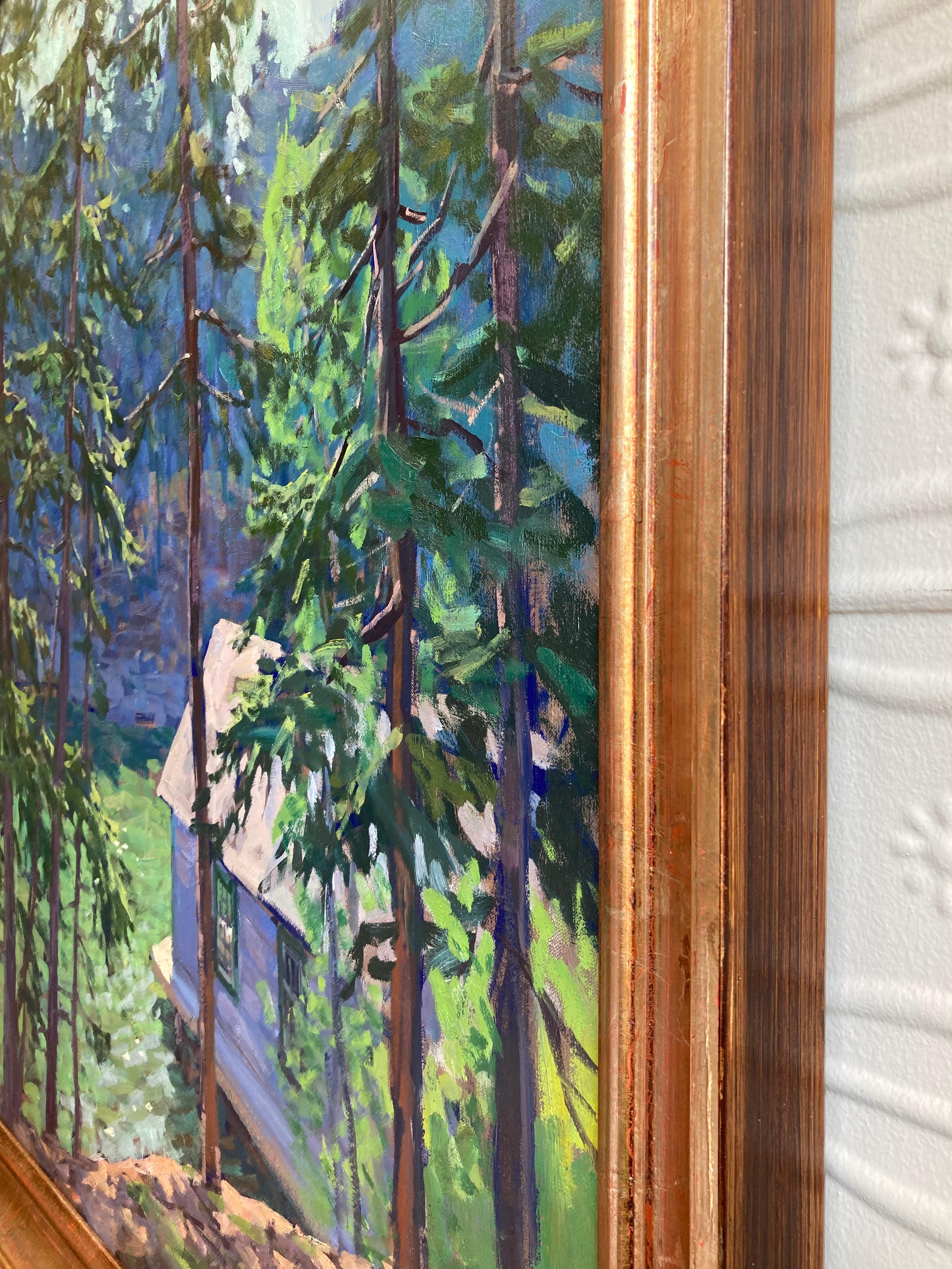 Cabin on the Creek - 2023, peinture à l'huile impressionniste en plein air dans les bois en vente 7