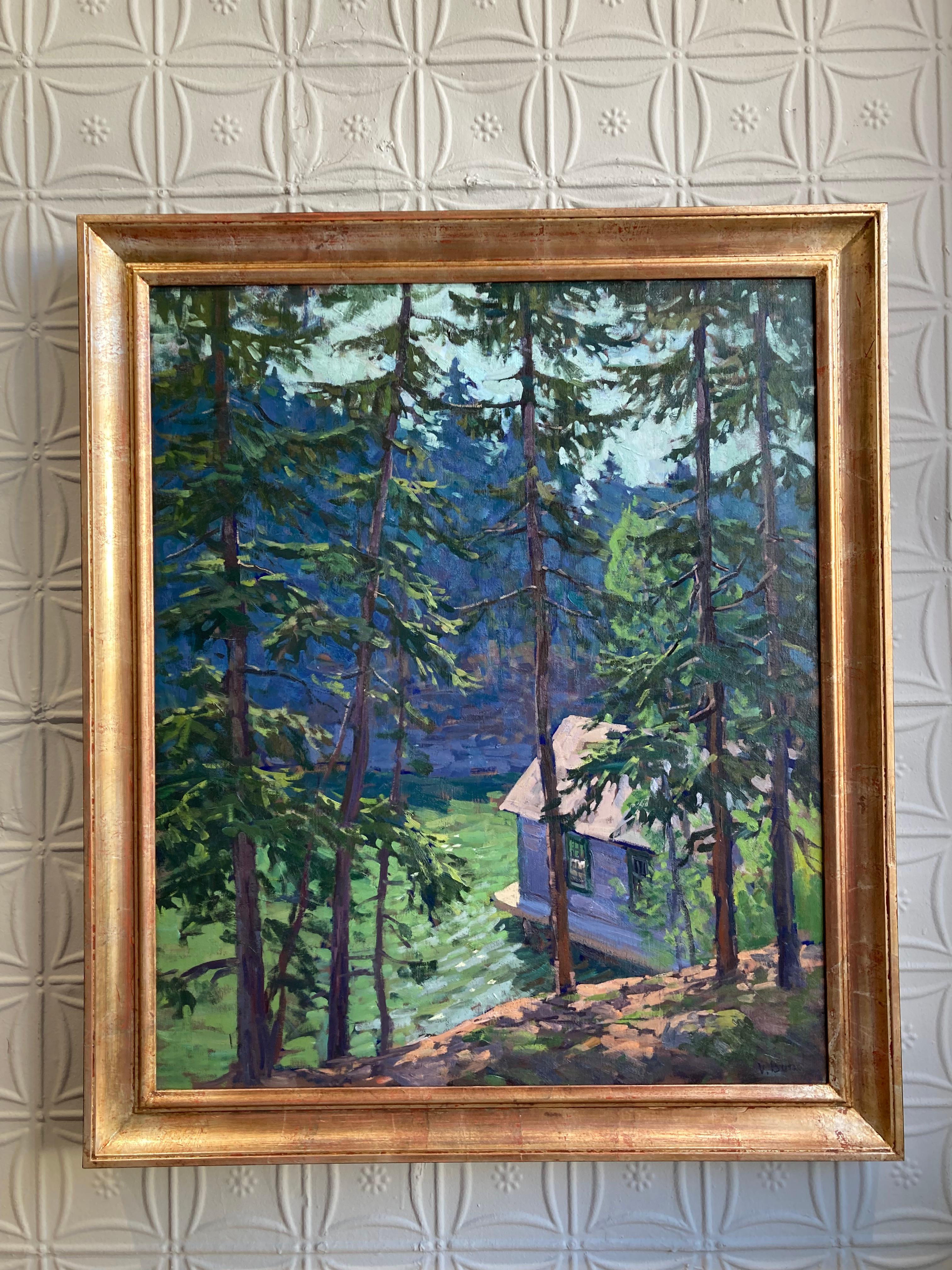 Cabin on the Creek - 2023 impressionist plein air oil painting in the woods - Painting by Viktor Butko
