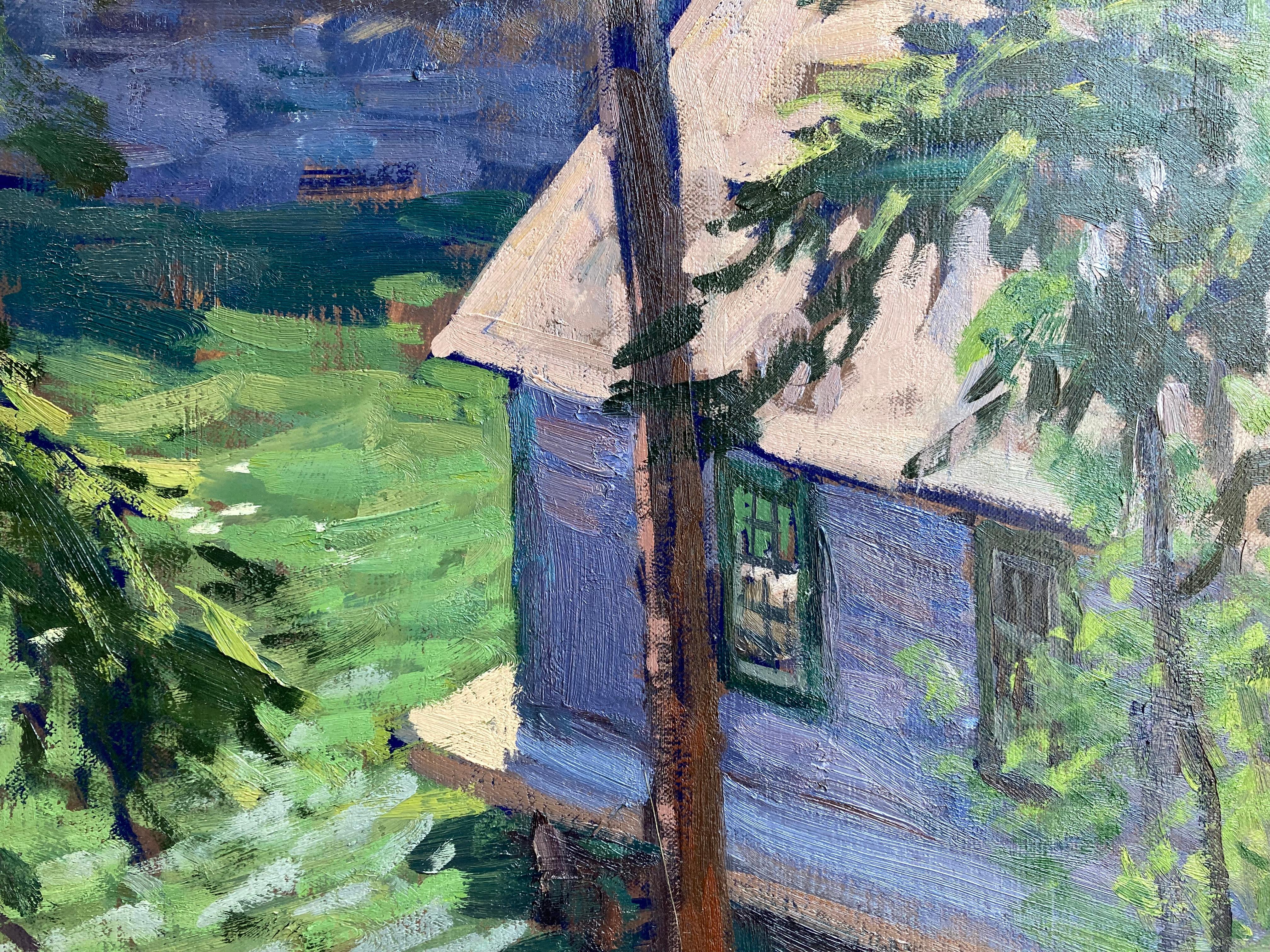Cabin on the Creek - 2023, peinture à l'huile impressionniste en plein air dans les bois en vente 1
