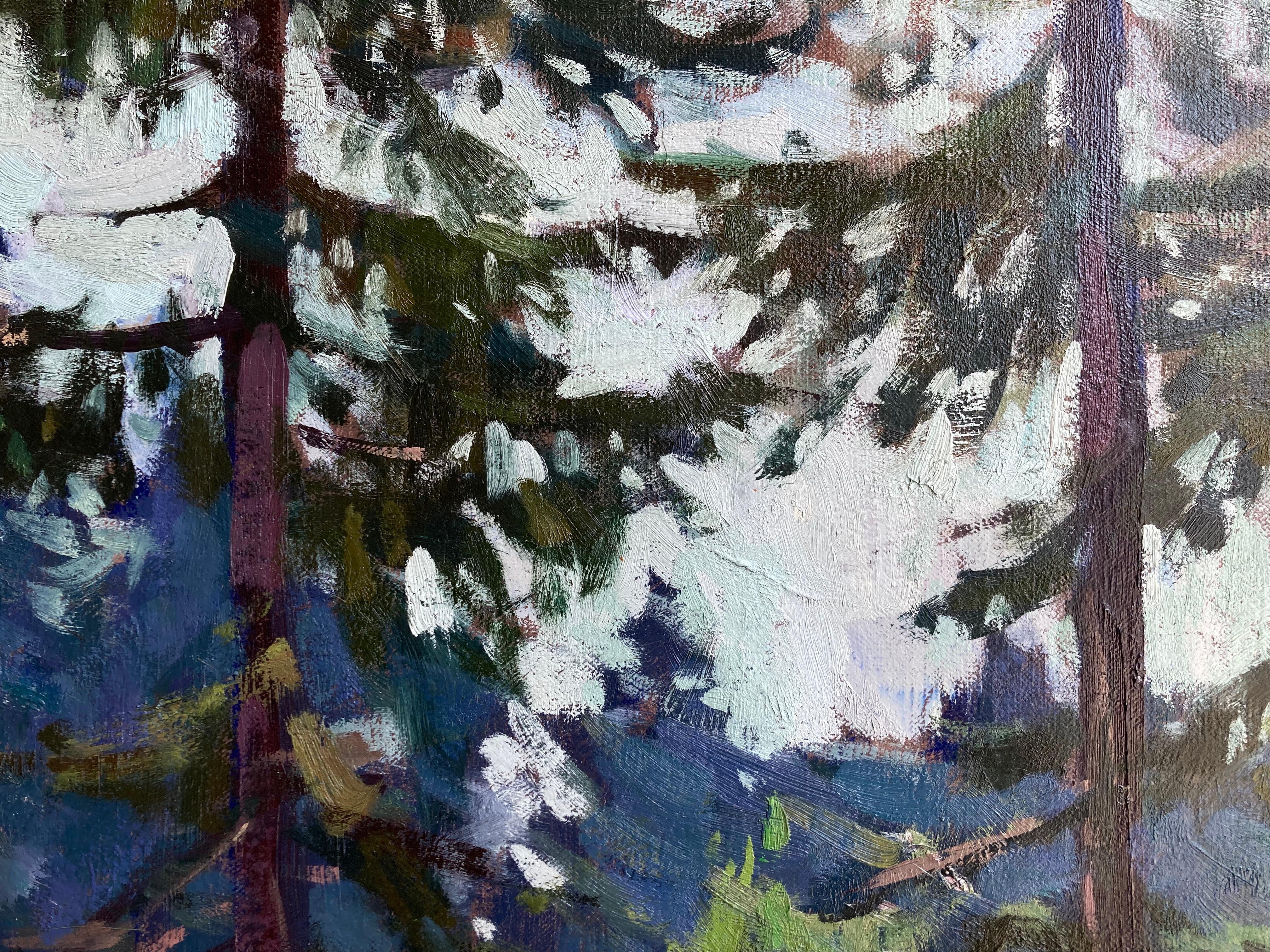 Cabin on the Creek - 2023, peinture à l'huile impressionniste en plein air dans les bois en vente 2