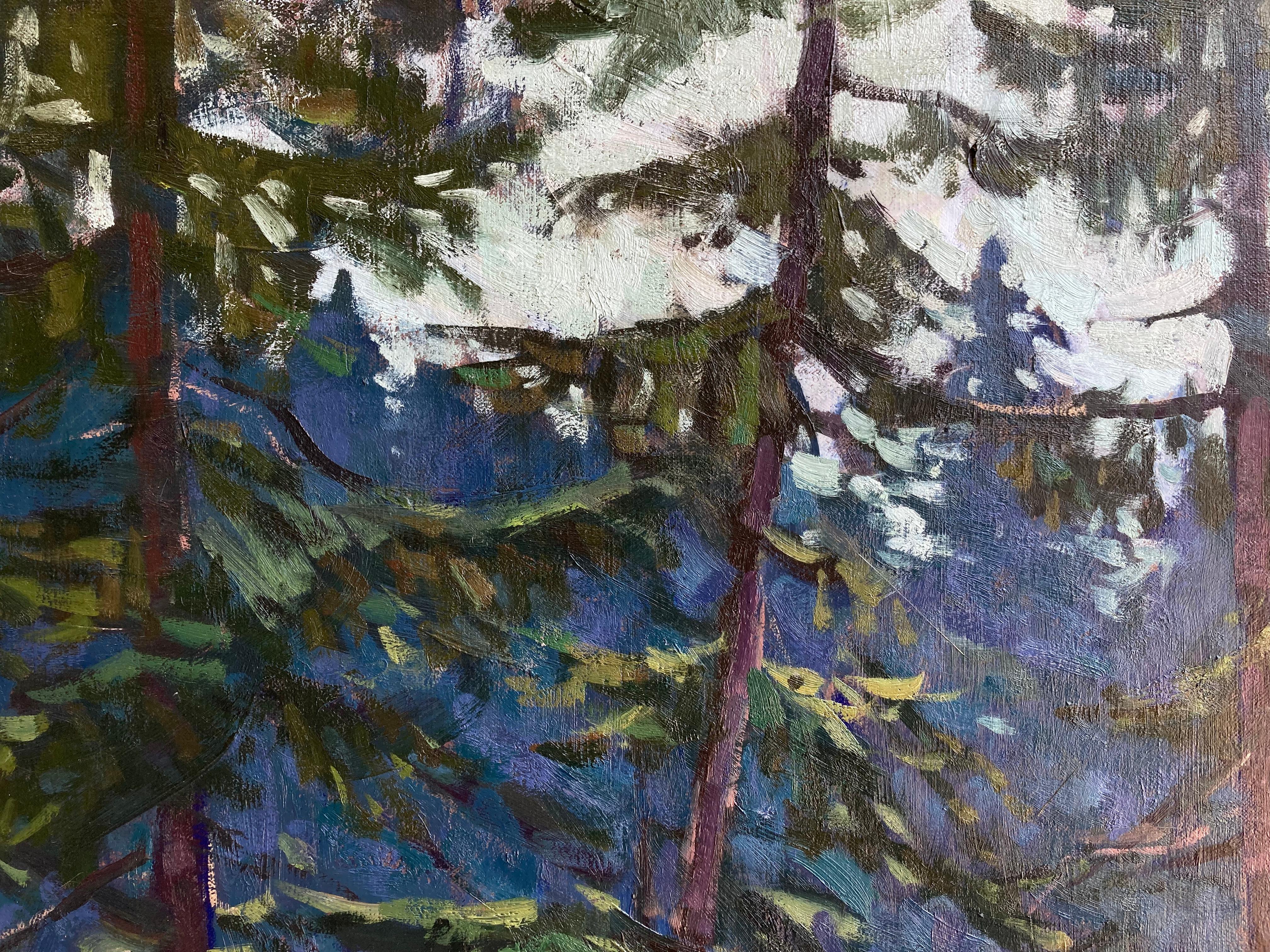 Cabin on the Creek - 2023, peinture à l'huile impressionniste en plein air dans les bois en vente 3