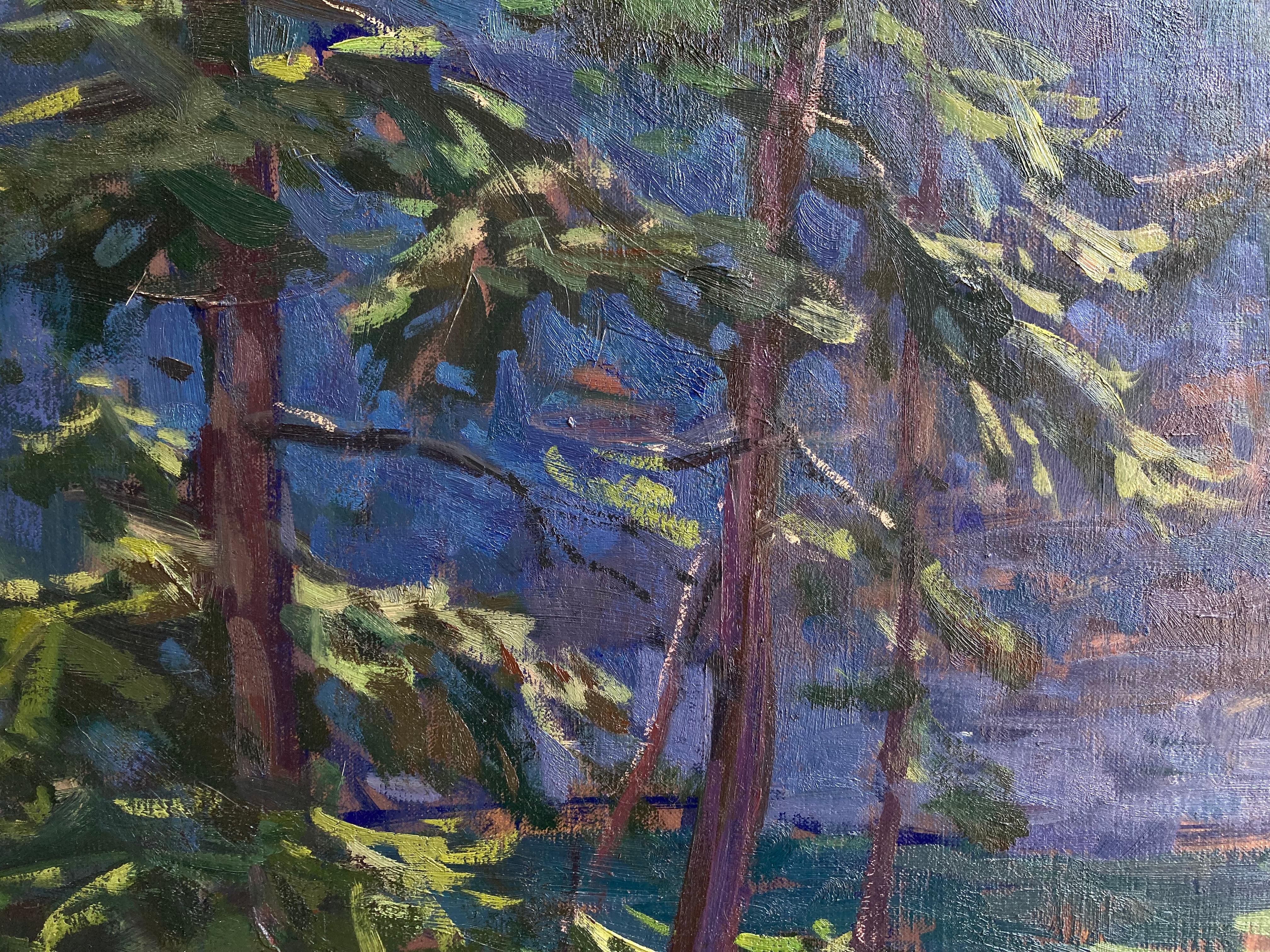 Cabin on the Creek - 2023, peinture à l'huile impressionniste en plein air dans les bois en vente 4