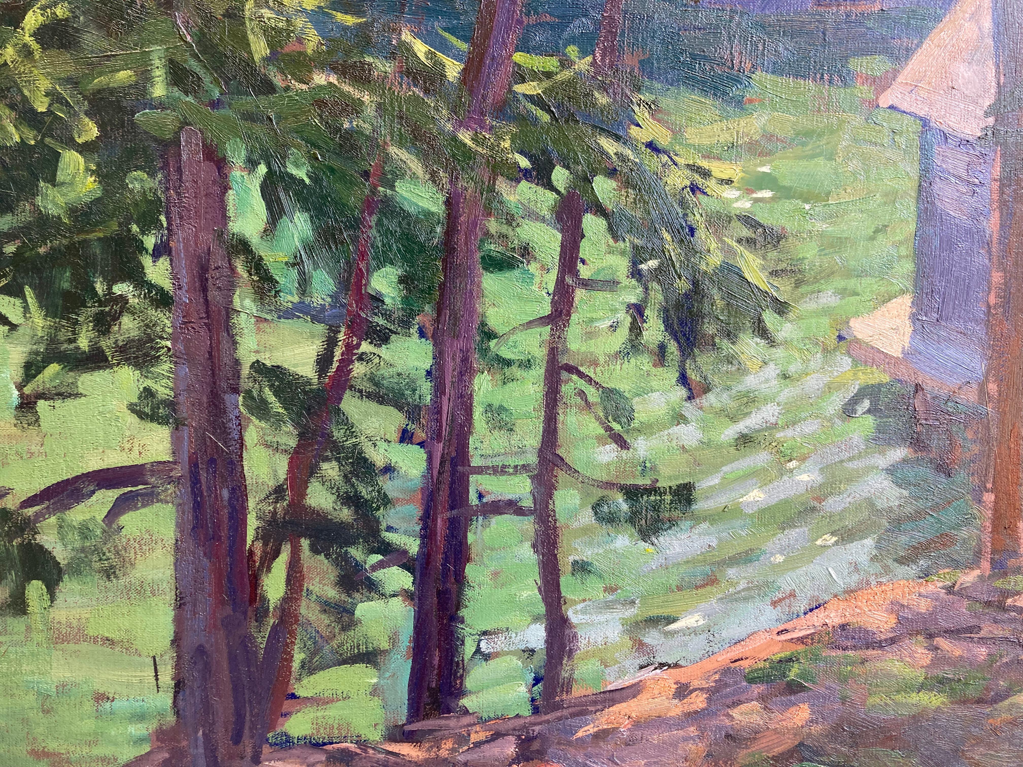 Cabin on the Creek - 2023, peinture à l'huile impressionniste en plein air dans les bois en vente 5