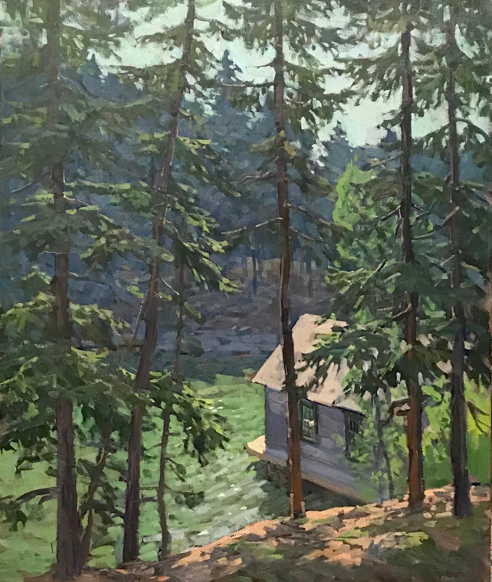 Viktor Butko Landscape Painting - Cabin on the Creek - 2023 impressionist plein air oil painting in the woods