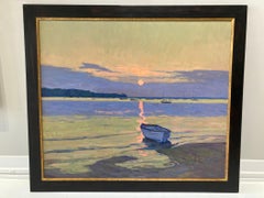 "Atardecer nublado en el puerto de Dering" pintura impresionista de un barco en el agua