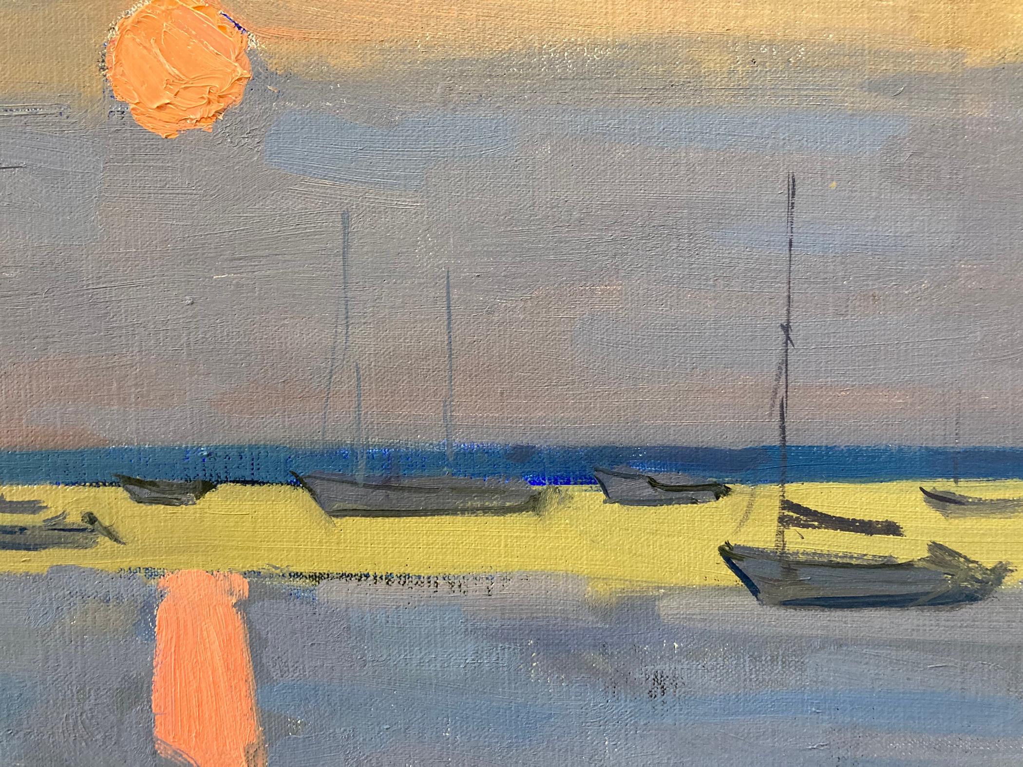 A large landscape painting featuring a boat pulled up on the shore of Dering Harbor. The sky is an intriguing shade of chartreuse that makes the orangey-pink sun peeking through lavender clouds along the horizon almost seem to glow. The same shade