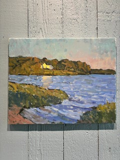 "Puerto de Coecles, hora dorada" Pintura al óleo, paisaje marino impresionista con casa