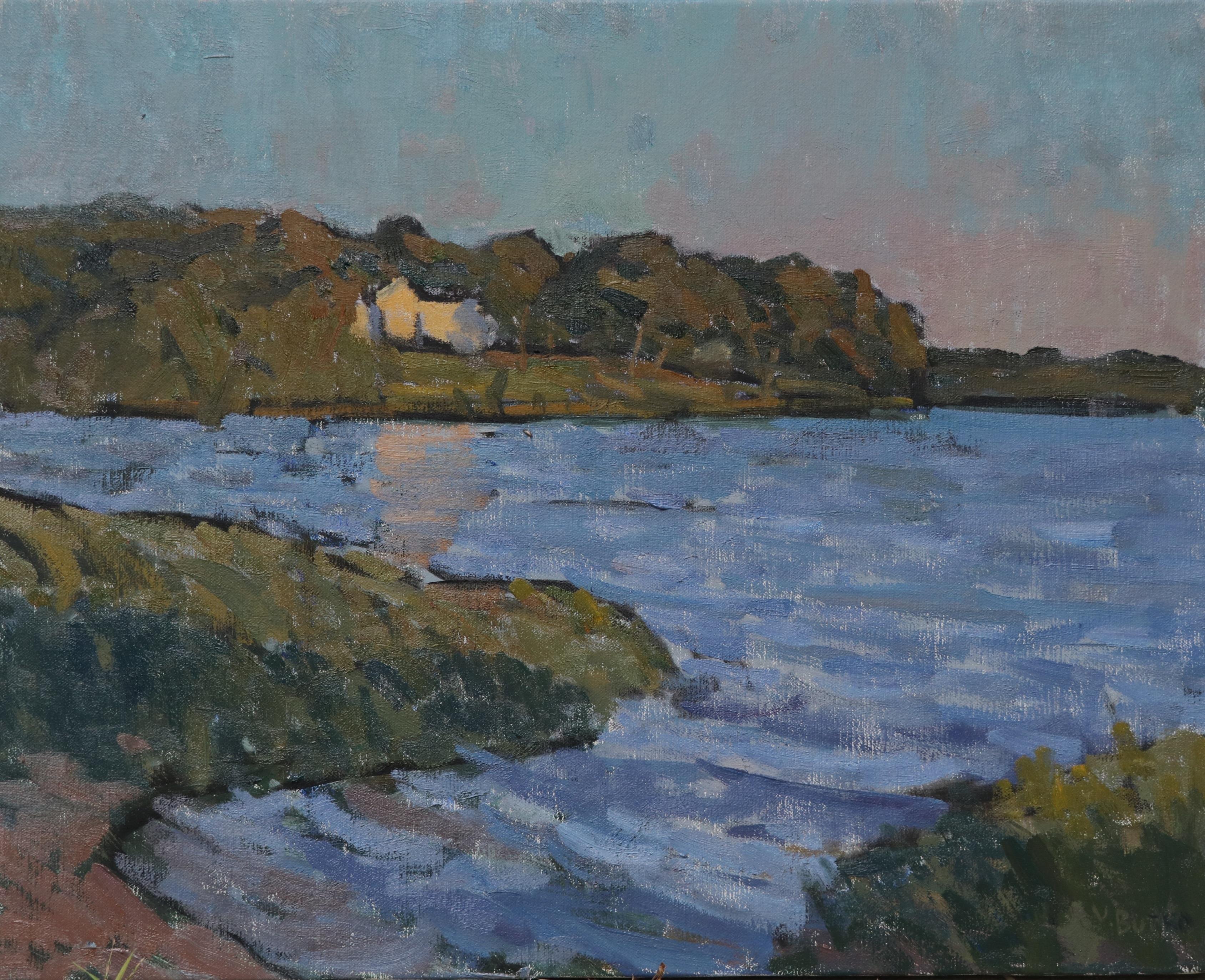 Viktor Butko Landscape Painting - "Coecles Harbor, Golden Hour" Oil painting, impressionistic seascape with house