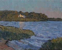 "Coecles Harbor, Golden Hour" Oil painting, impressionistic seascape with house