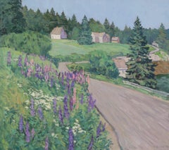 "Carretera rural" Óleo impresionista, flores de altramuz moradas, firmado, enmarcado