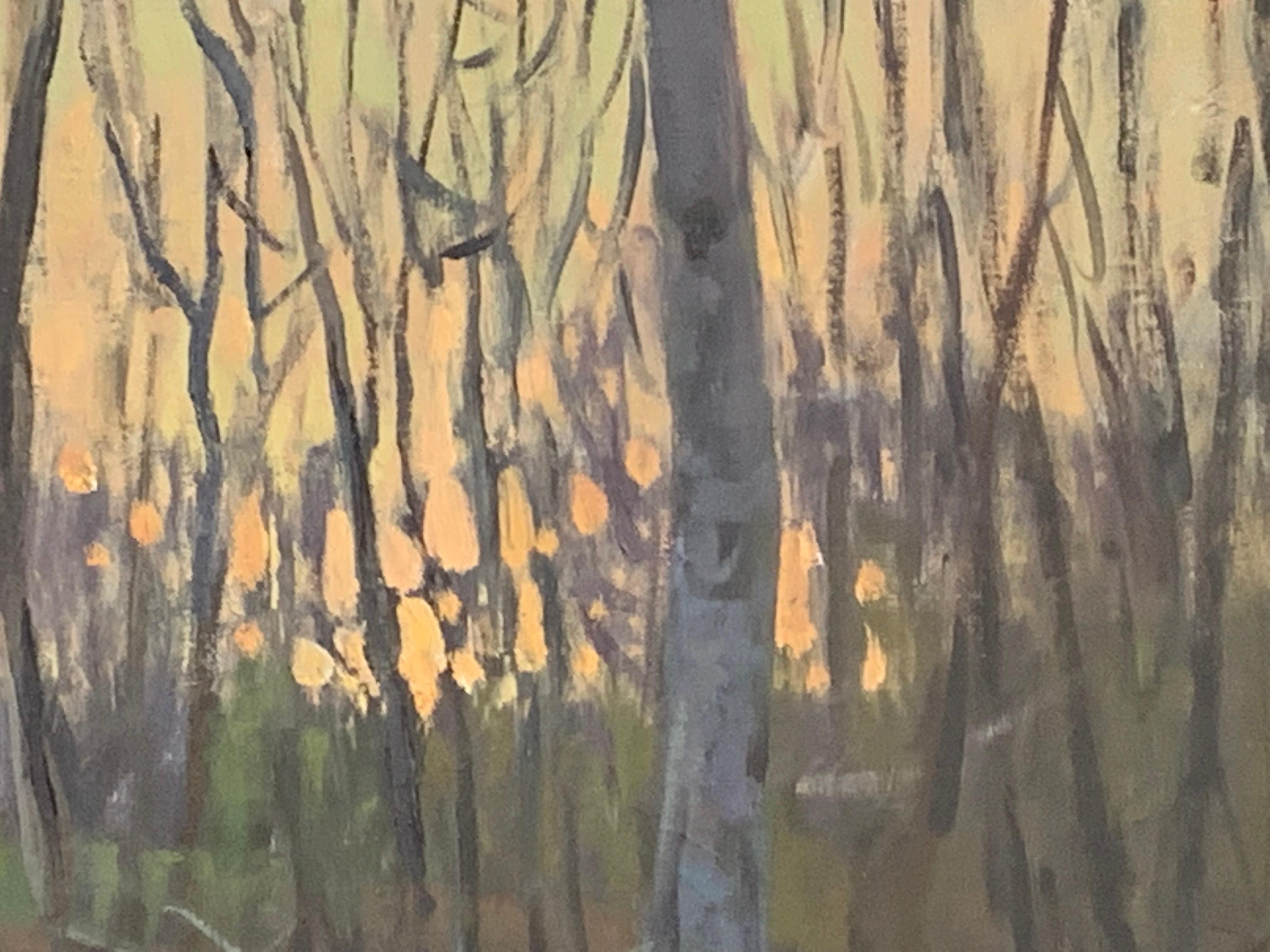 Painted en plein air in Shelter Island, New York. Barren spring birch-trees post up out of marshlands, a pond in the woods. The setting sun casts an orange glow from the horizon to above, and reflects on the ponds surface.

Framed dimensions: 29 x