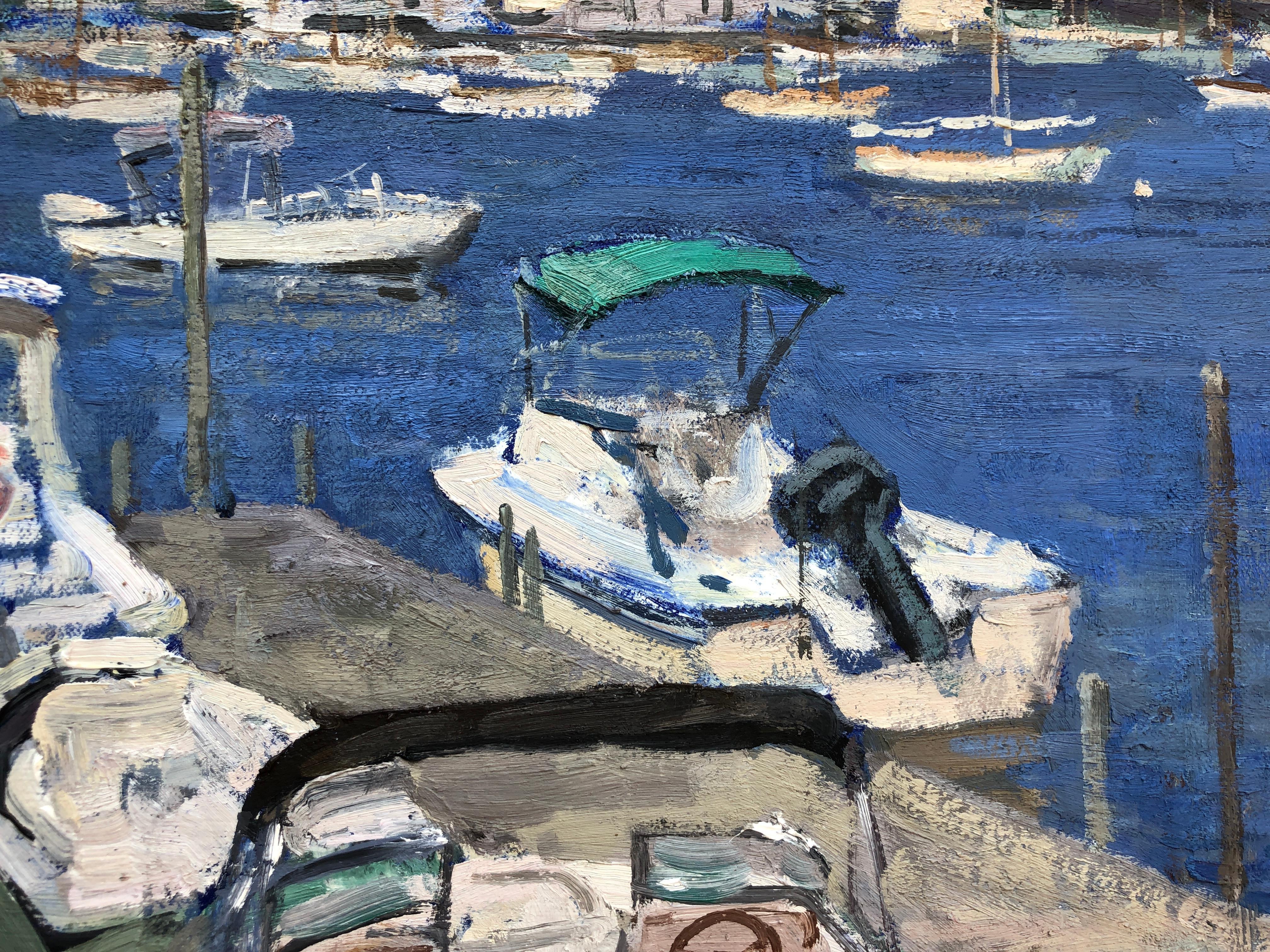 Docks at Dering Harbor - Gray Landscape Painting by Viktor Butko