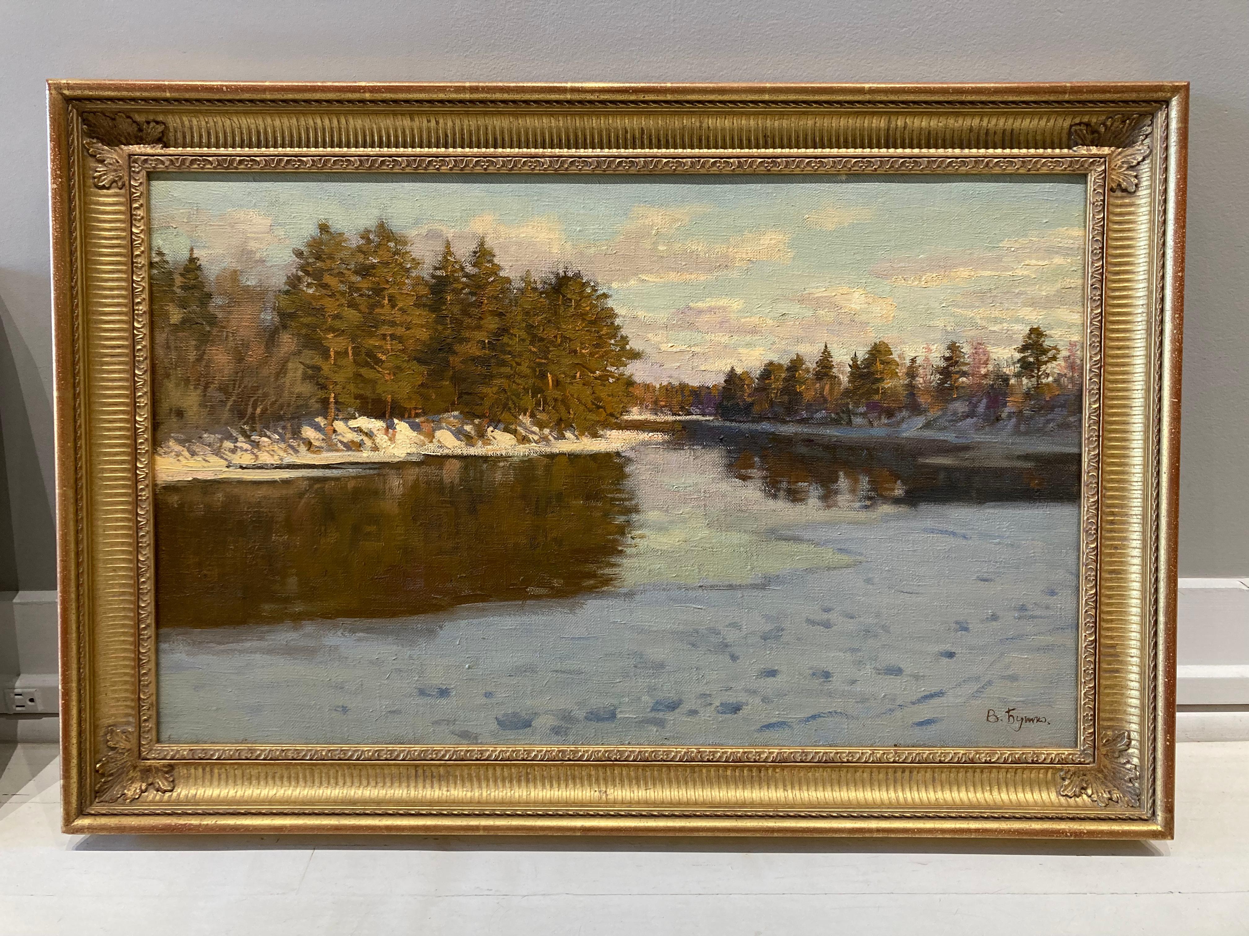 Early Spring, River Hista - 2001 peinture à l'huile impressionniste d'une rivière - Painting de Viktor Butko