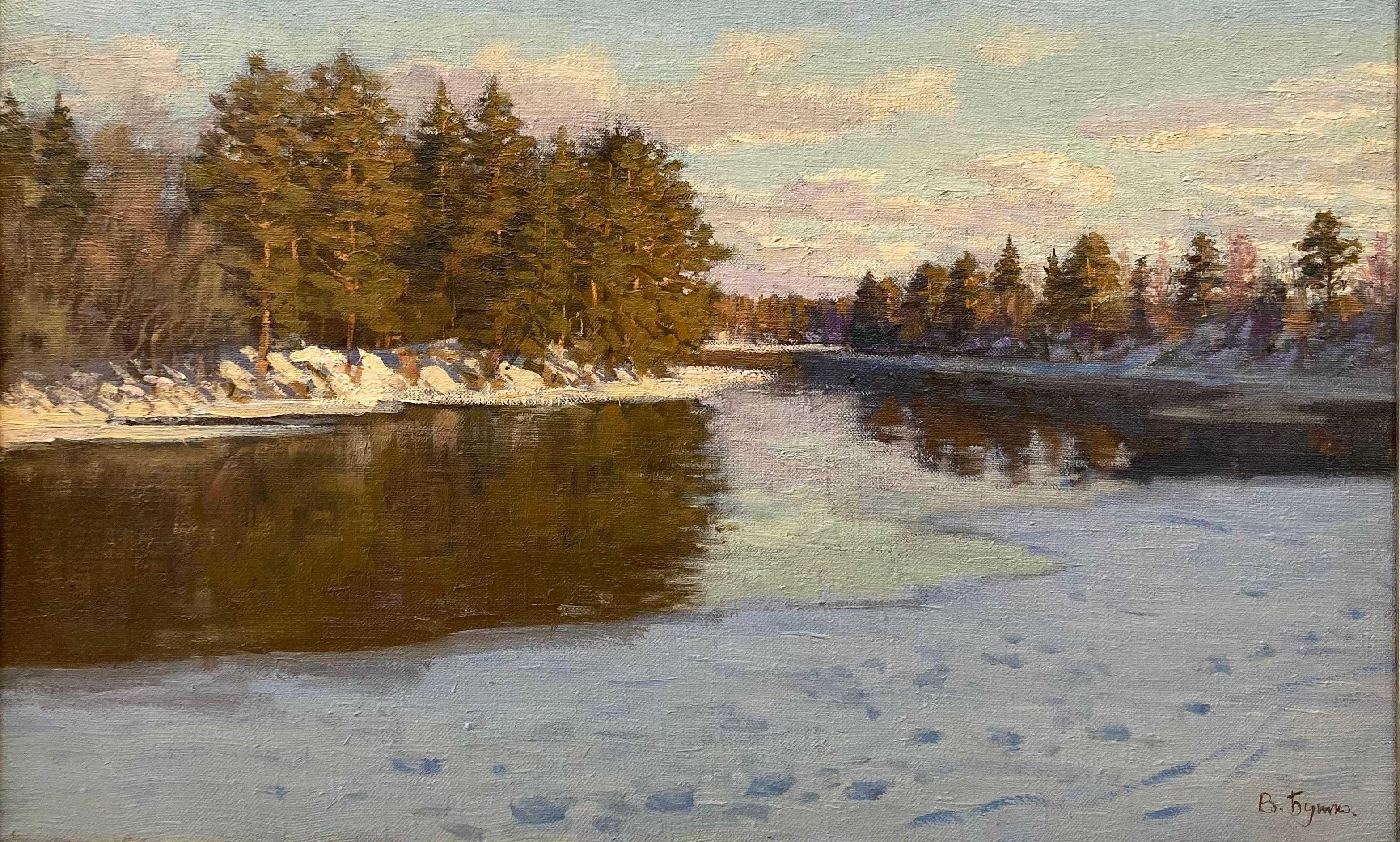 Inizio primavera, fiume Hista - dipinto a olio impressionista del 2001 raffigurante un fiume