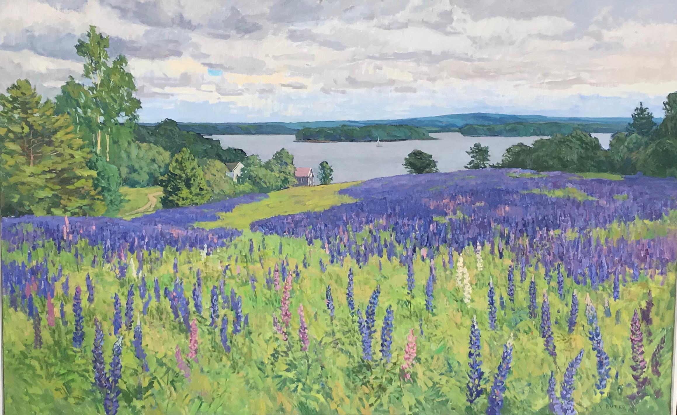 Still-Life Painting Viktor Butko - Début de l'été - 2023, paysage impressionniste, lupins violets et paysage marin