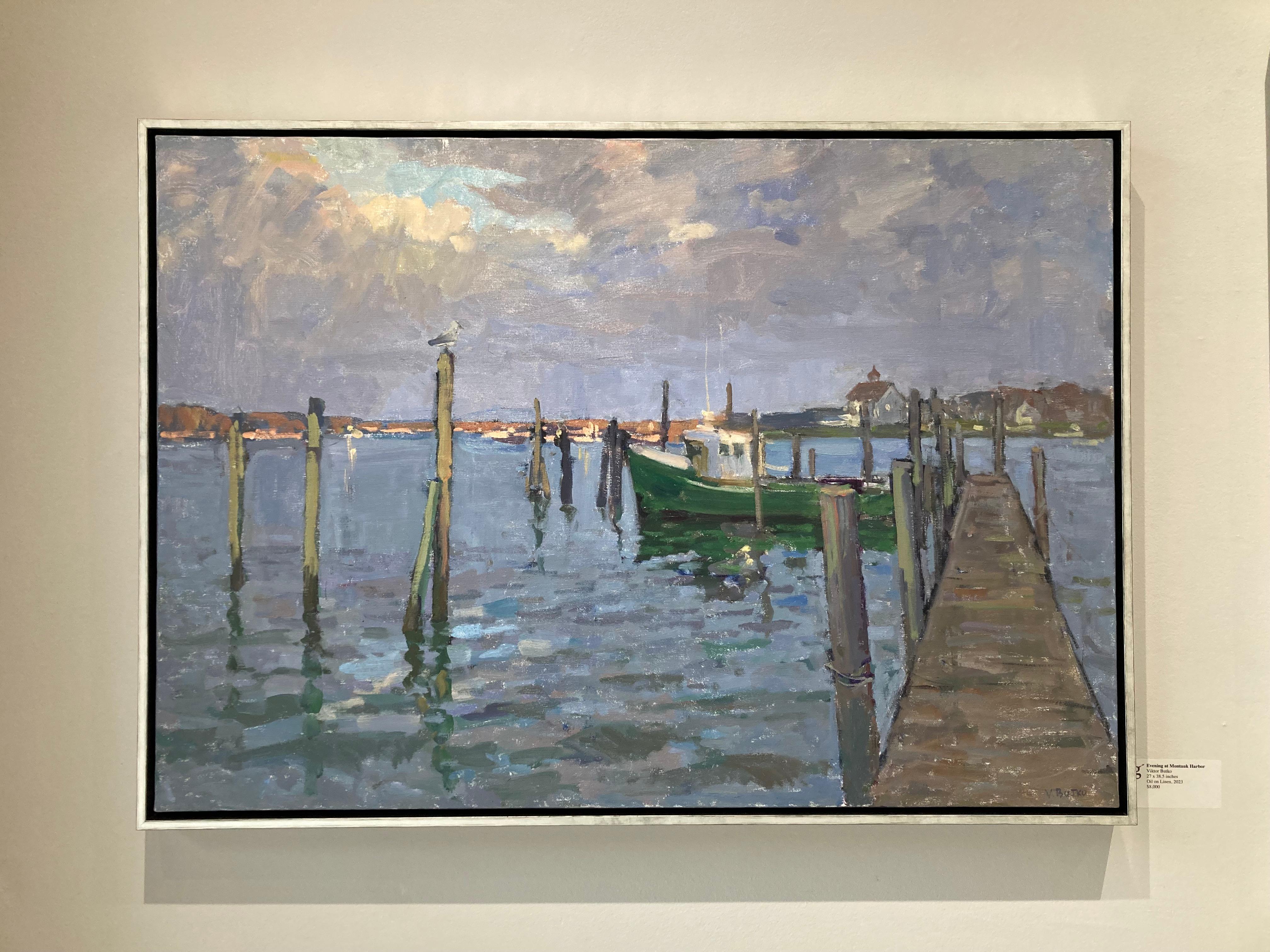 Evening at Montauk Harbor - 2023 Impressionistic Harbor - plein air painting - Painting by Viktor Butko
