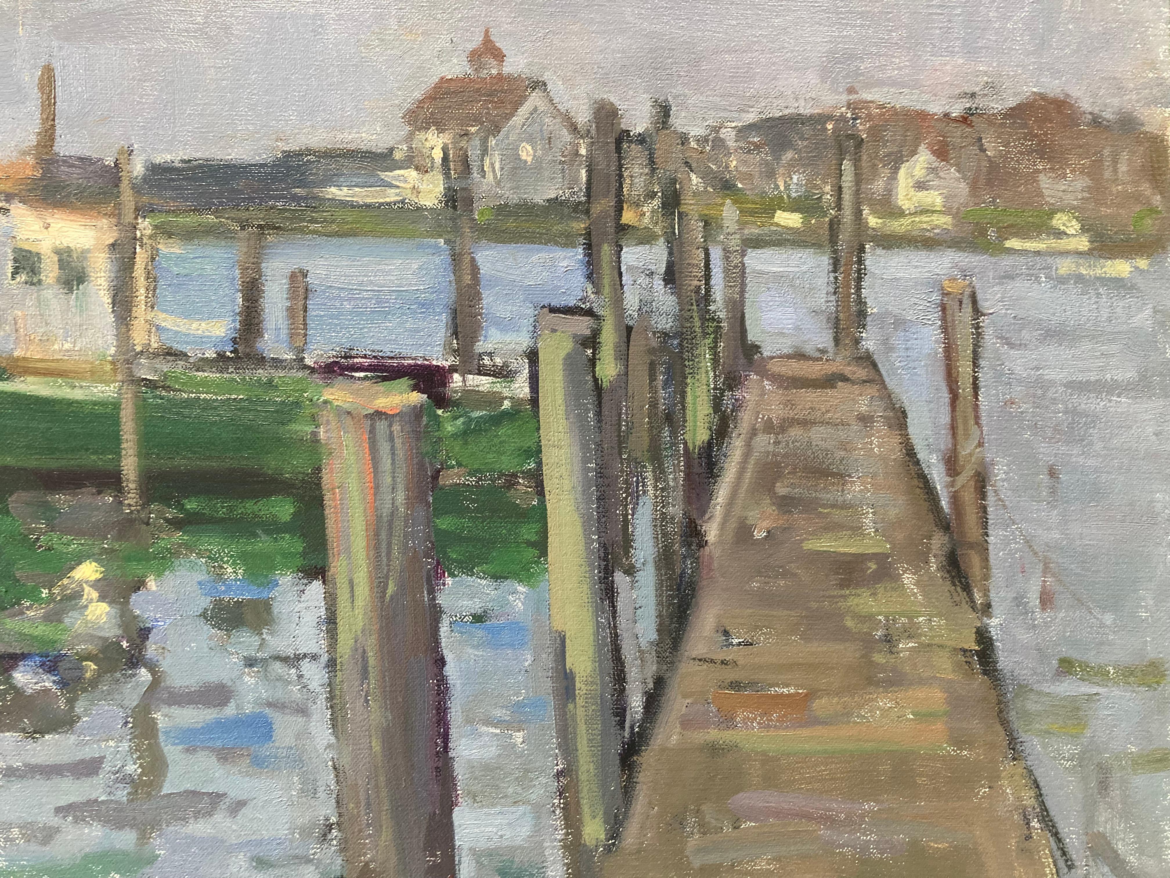 Evening at Montauk Harbor - 2023 Impressionistic Harbor - plein air painting For Sale 3