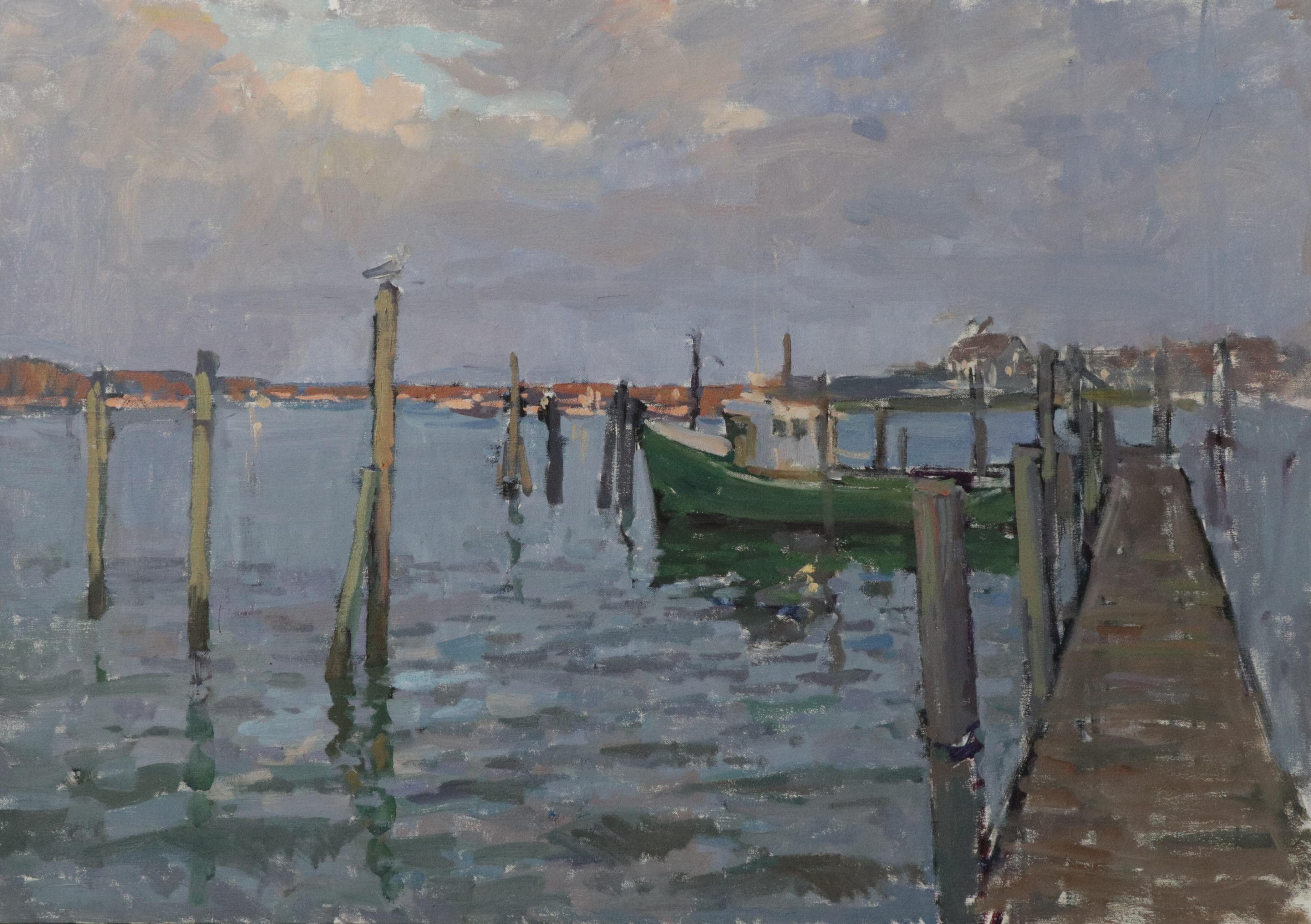 Viktor Butko Still-Life Painting - Evening at Montauk Harbor - 2023 Impressionistic Harbor - plein air painting