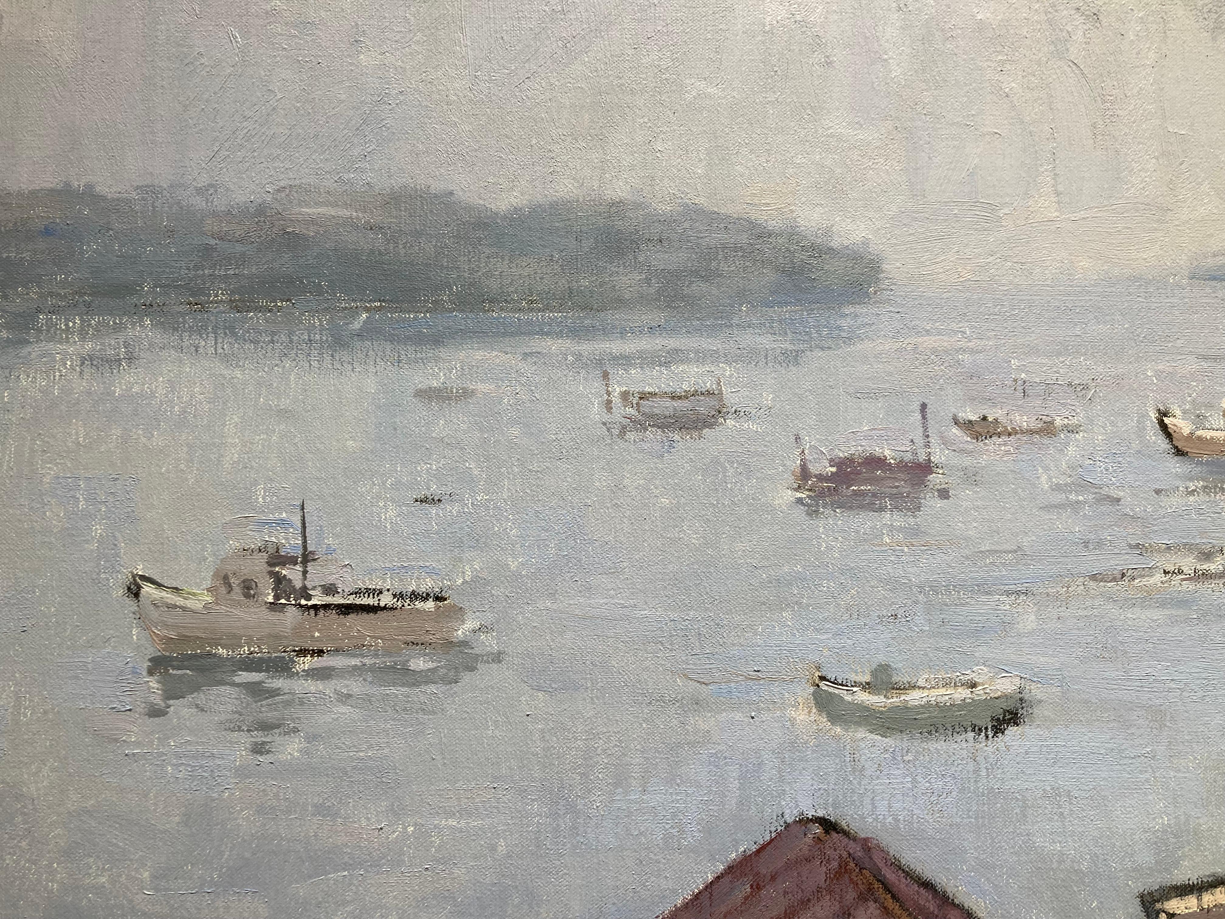 Fog du soir - 2023, peinture à l'huile impressionniste en plein air de port et d'escalier en vente 2