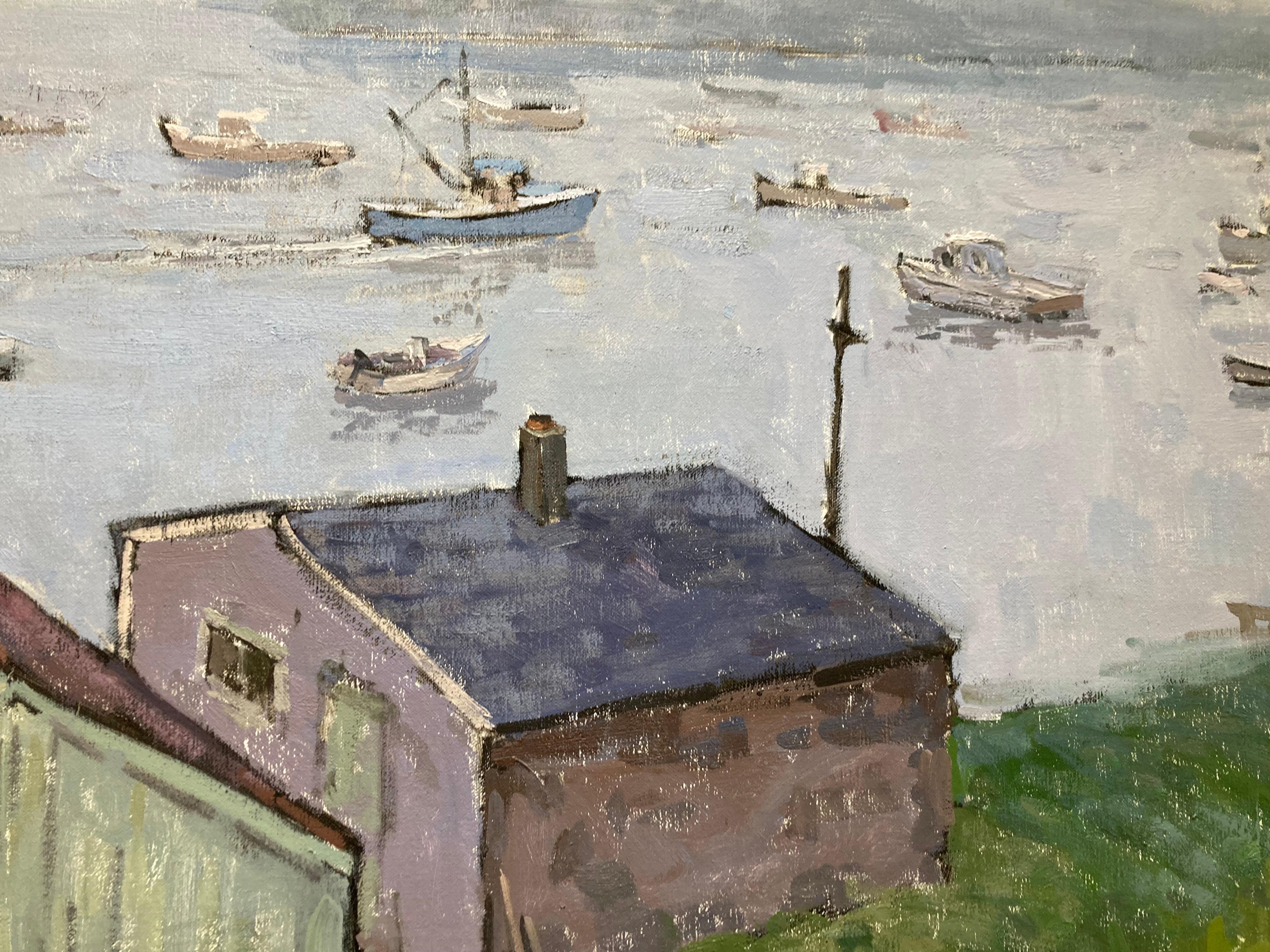 Evening Fog - 2023 impressionist plein air harbor and shack oil painting For Sale 3