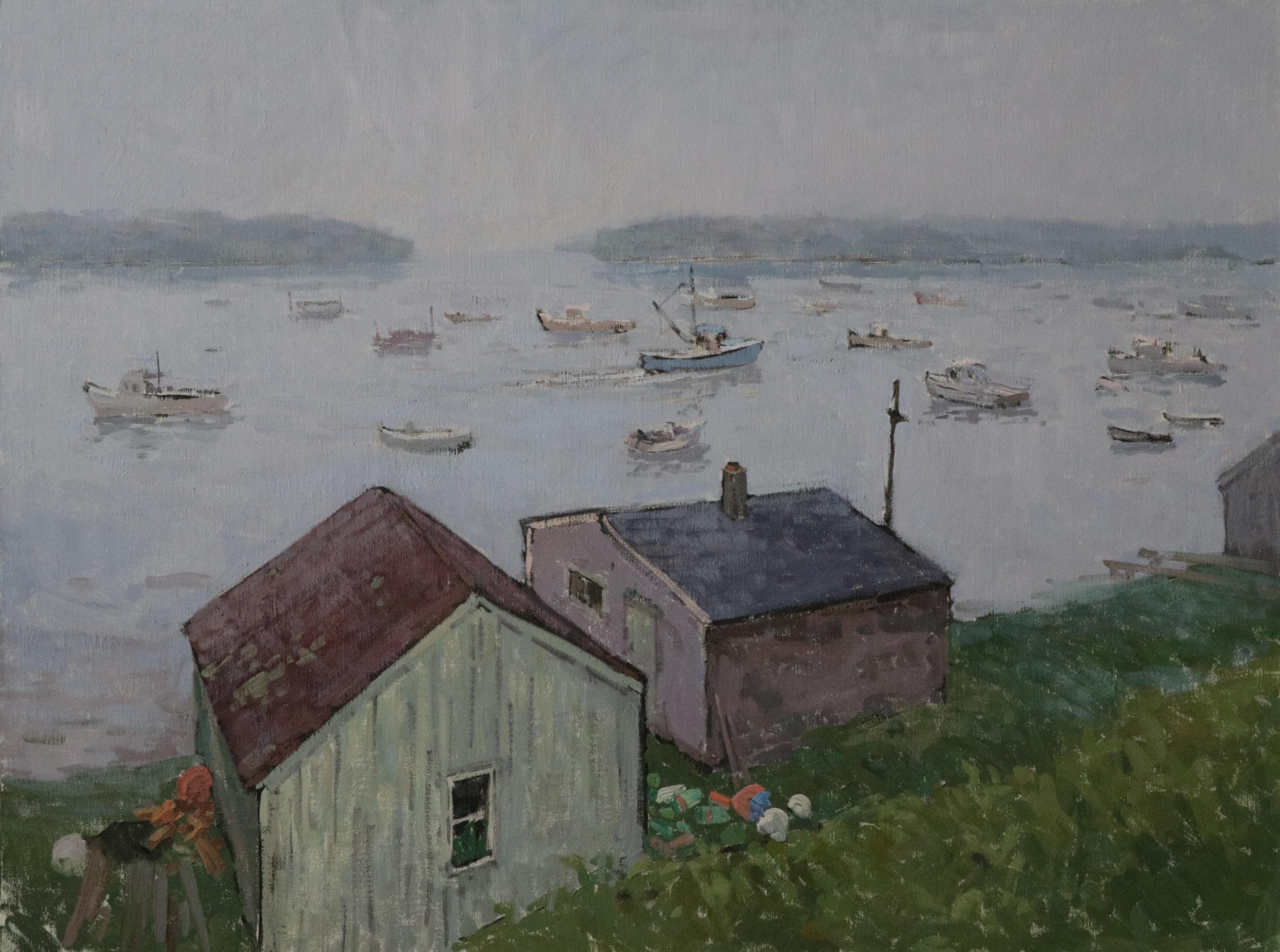 Still-Life Painting Viktor Butko - Fog du soir - 2023, peinture à l'huile impressionniste en plein air de port et d'escalier