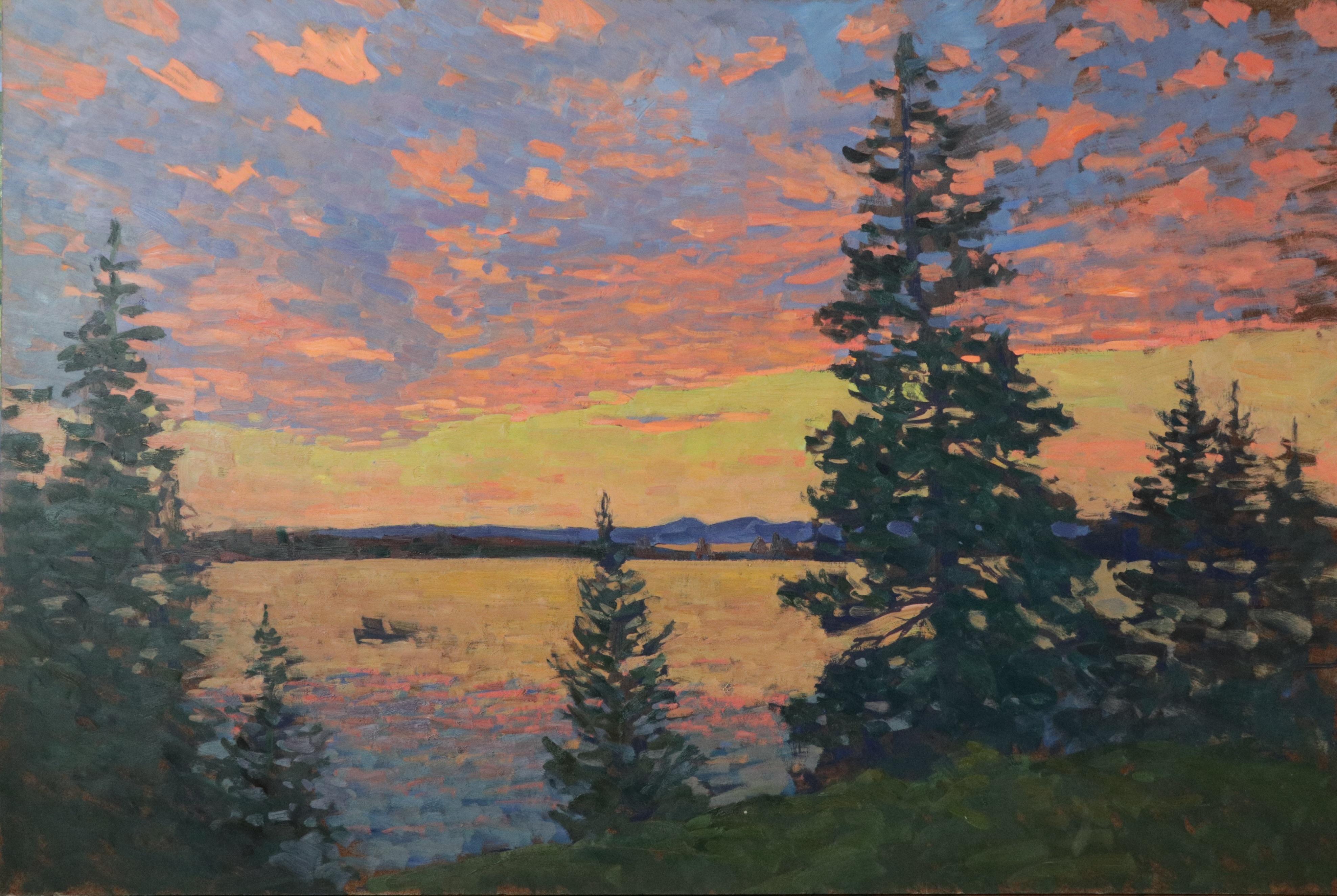 Viktor Butko Still-Life Painting - Fiery Sunset - 2023 Impressionistic harbor en plein air