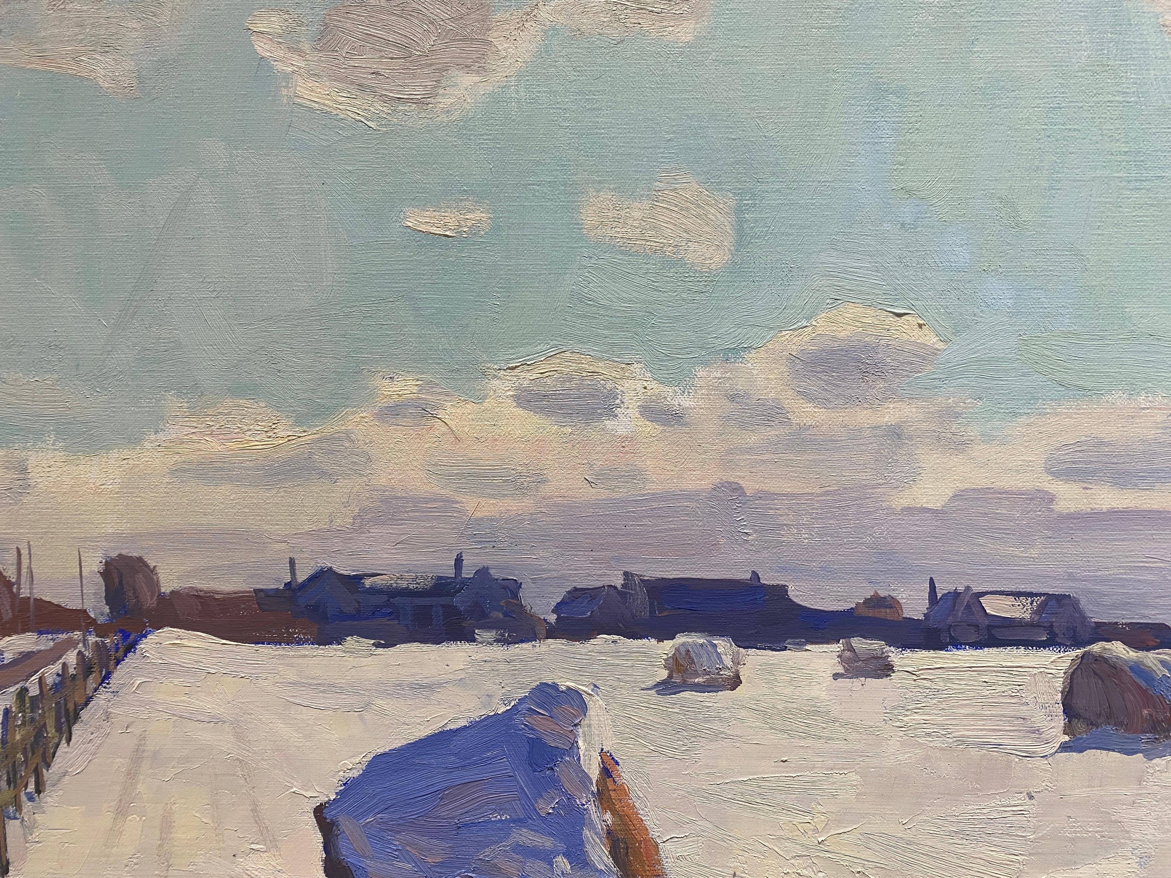 « Hay Bales in the Snow », scène impressionniste russe du Vermont peinte en plein air en vente 6