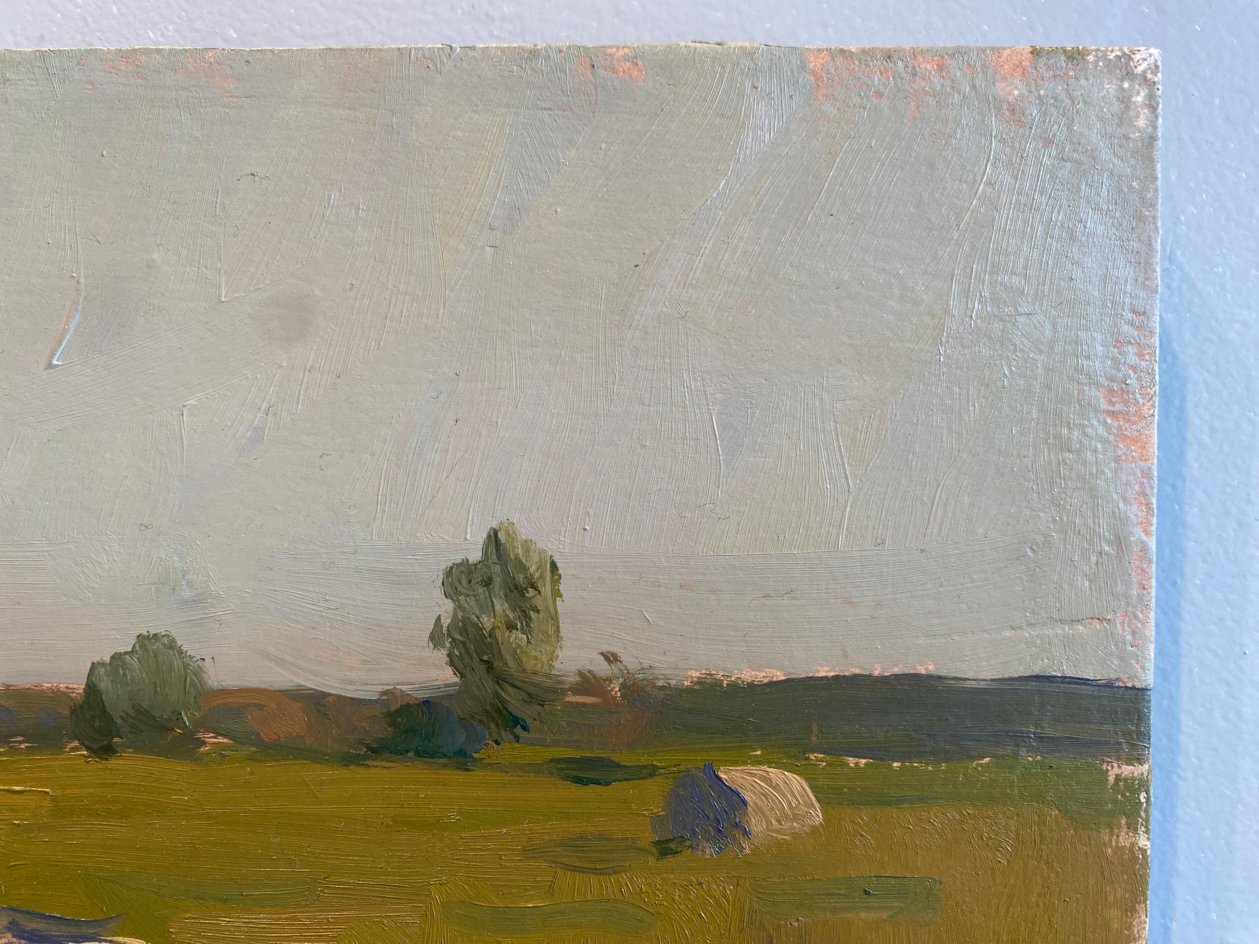 An oil painting of a Haystack in a grassy field. Painted en plein air on Gibson Lane, in Sagaponack, New York, during the summer of 2019. Butko focuses in on one particular haystack, carefully brushing in detailed strands of hay. Light catches and