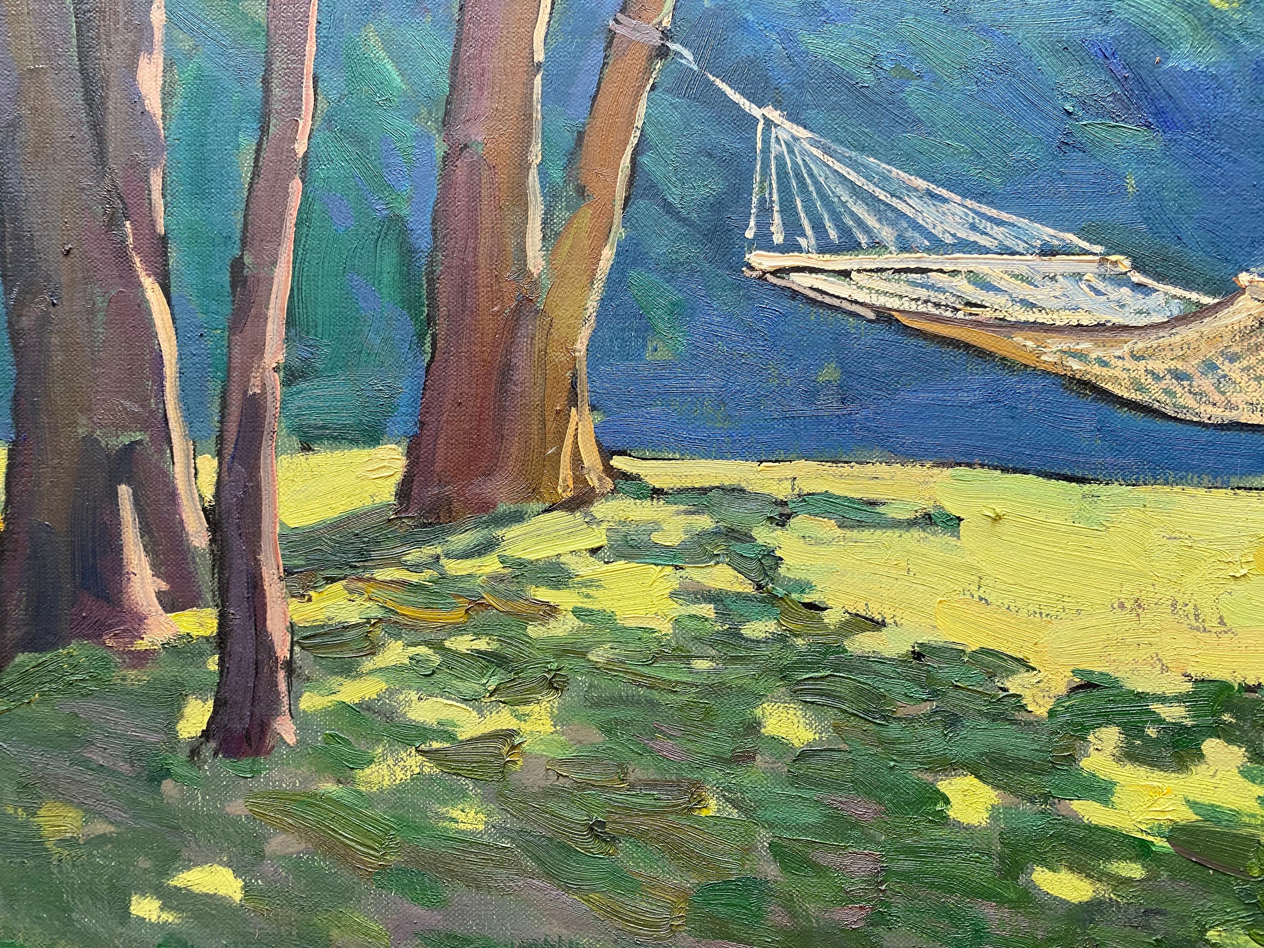 Framed dimensions: 26 x 30 inches

Painted en plein air, on Shelter Island, a hammock tied between two trees basks in the dappled sunlight. Bright greens glisten amongst the grass and leaves. 


Viktor Butko was born in 1978 in Moscow, into a family