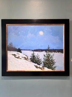 “March Twilight” impressionist winter landscape, oil painting, pine trees, snow