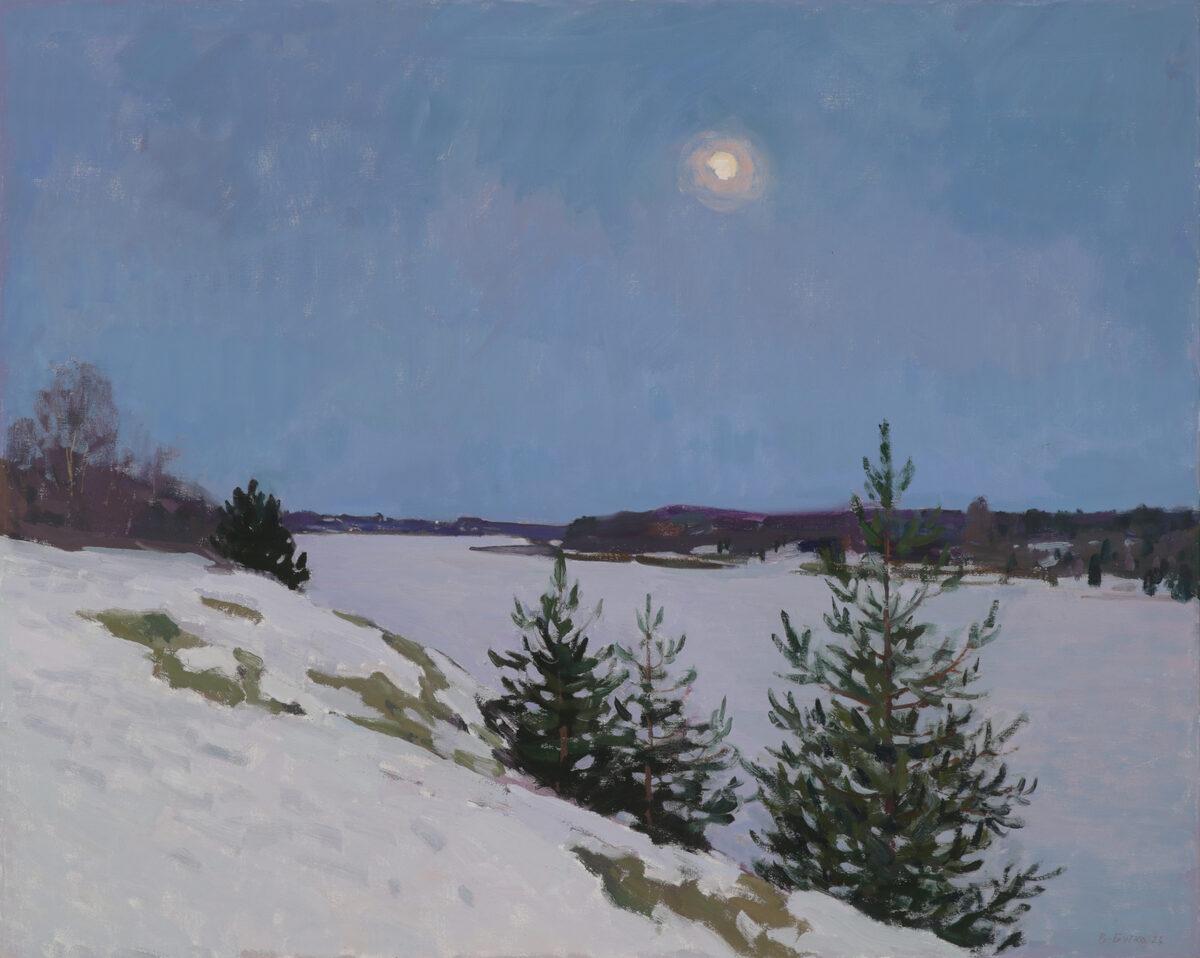 Viktor Butko Figurative Painting – "Märzdämmerung" impressionistische Winterlandschaft, Ölgemälde, Kiefern, Schnee