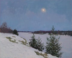 "Crepúsculo de marzo" paisaje invernal impresionista, pintura al óleo, pinos, nieve