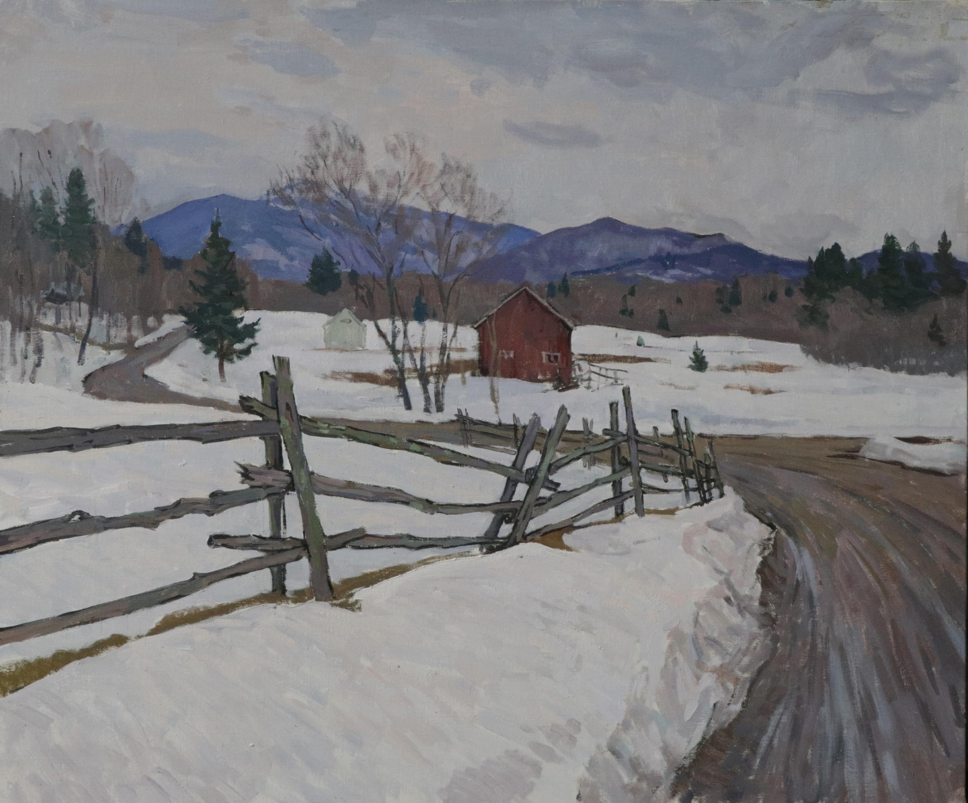 Still-Life Painting Viktor Butko - Melting Snow - 2023 Scène de neige impressionniste dans le Vermont
