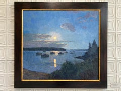 "Moon over the Harbor" contemporary Impressionist oil painting at night