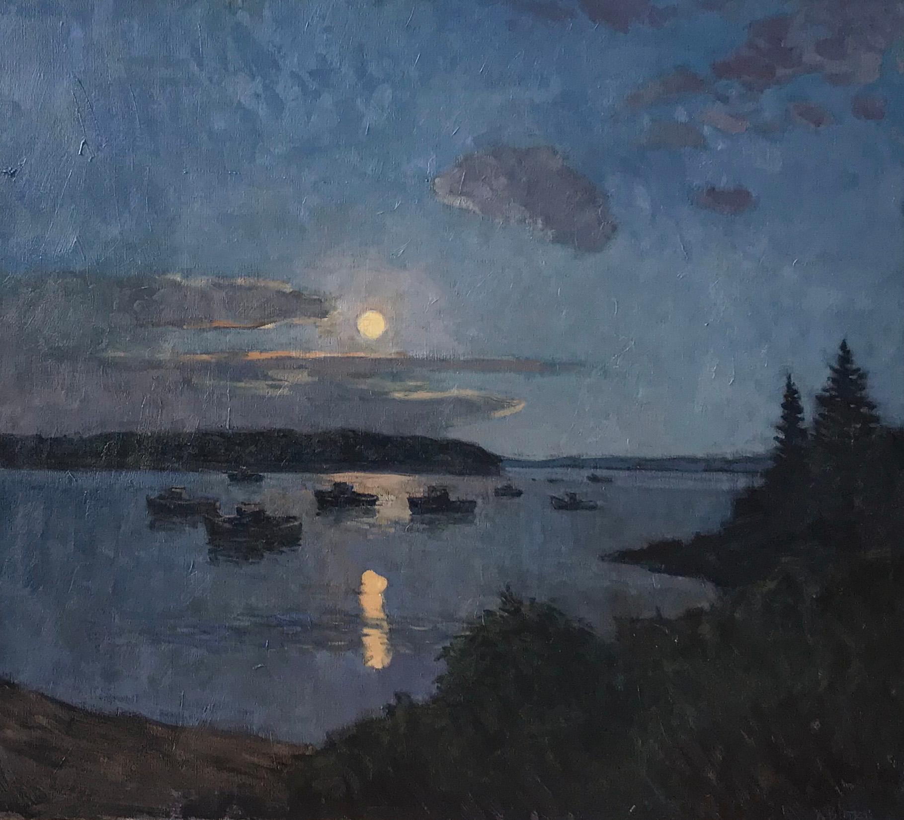 "Moon over the Harbor" contemporary Impressionist oil painting at night